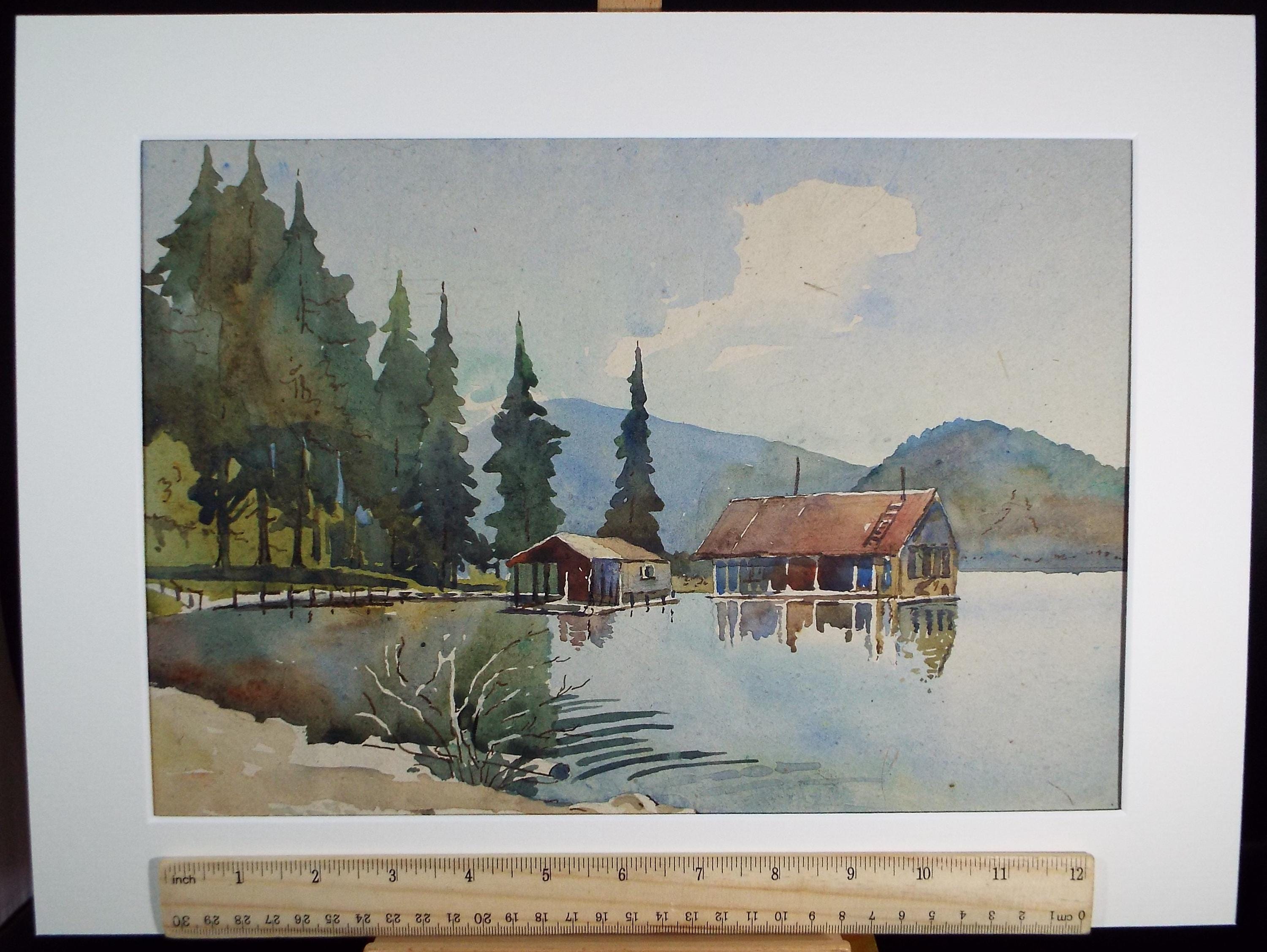 Original Watercolour, 'cabin on the Lake', Circa 1950's, Artist Unknown