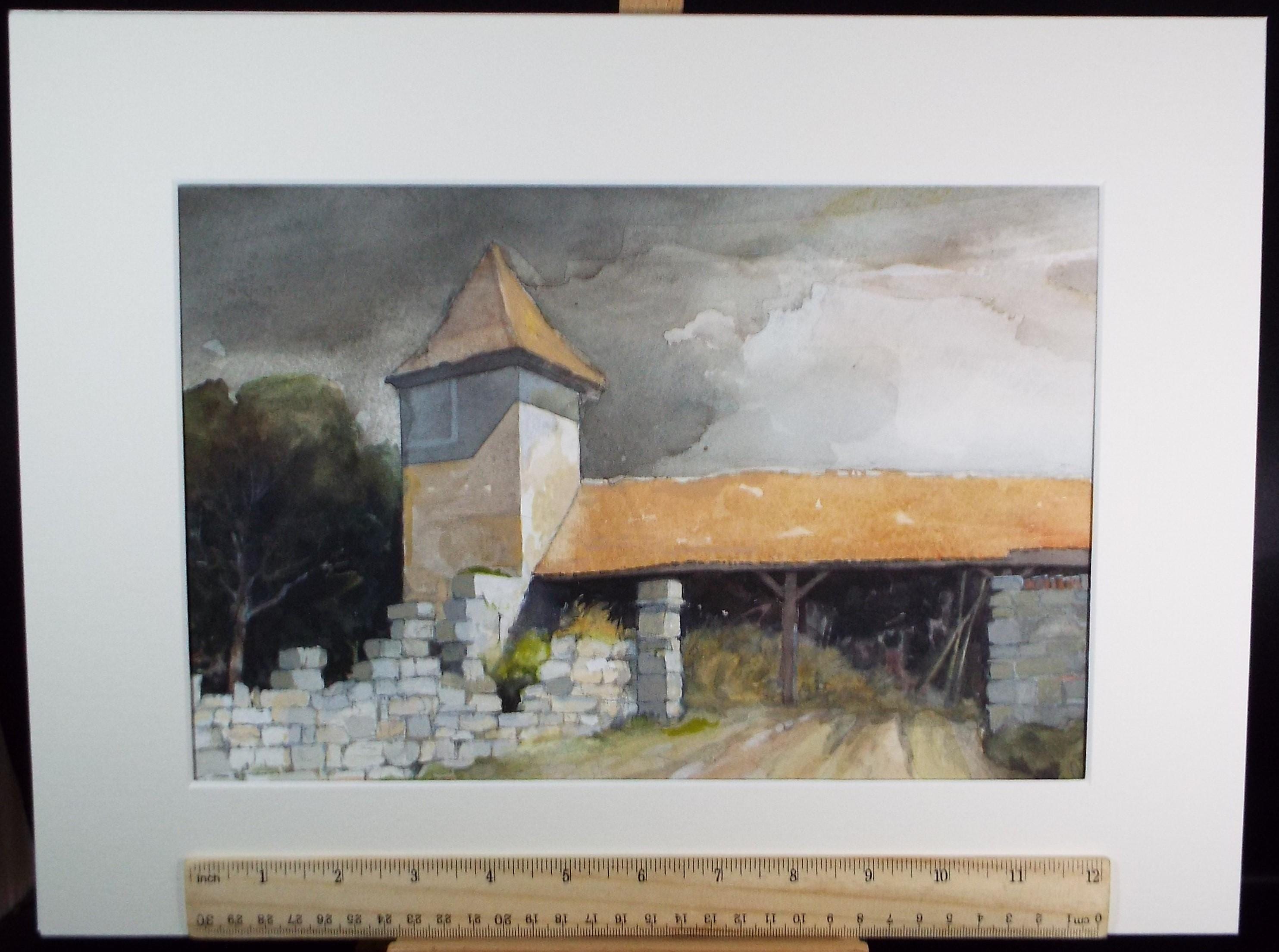 Original Watercolour drawing , 'French Barn', John Hambleton Holdcroft (1926-2014), Circa 1970's