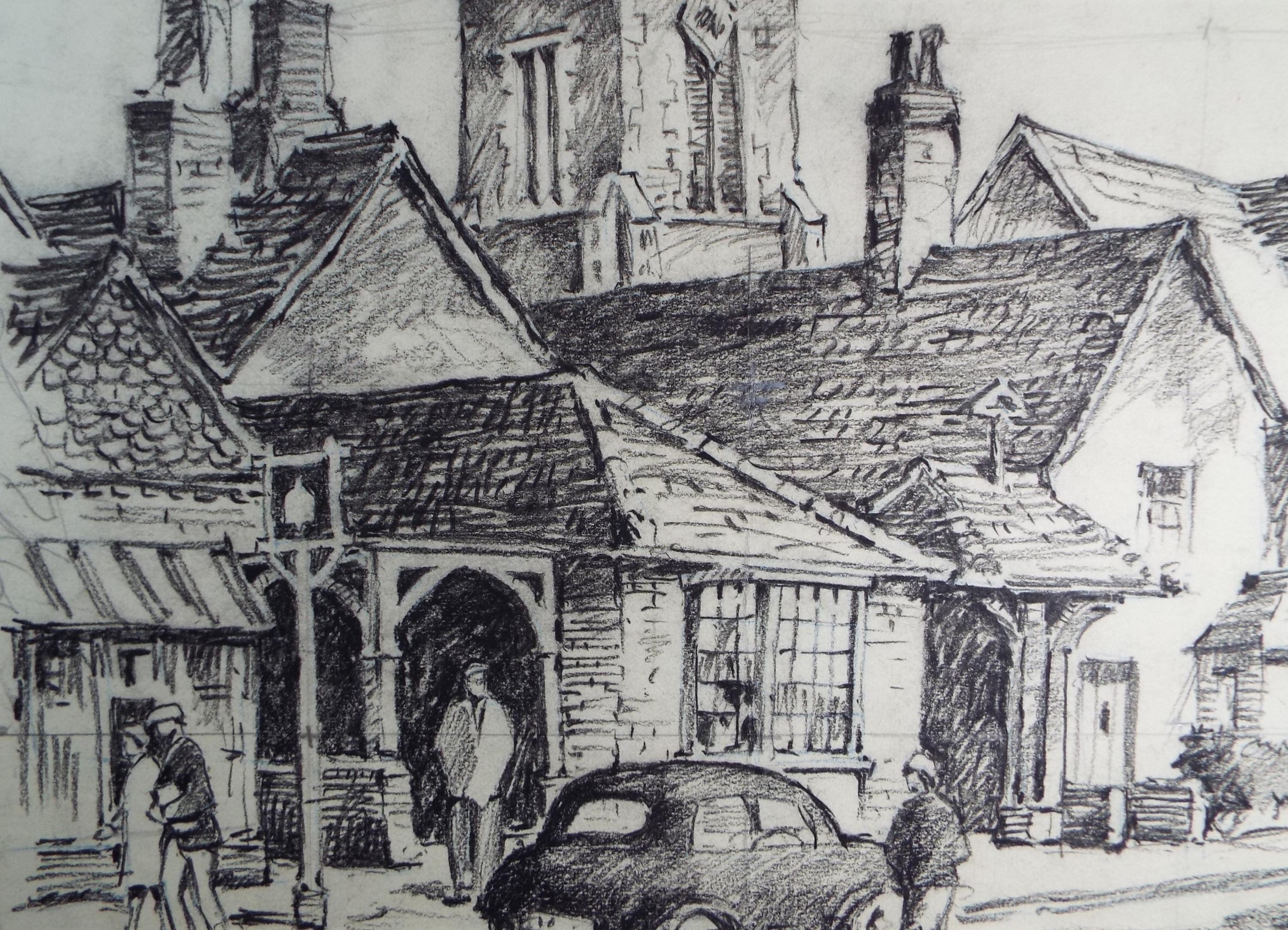 Original Charcoal drawing, 'Highstreet with Cars/Figures', R.A Andrew-Jones