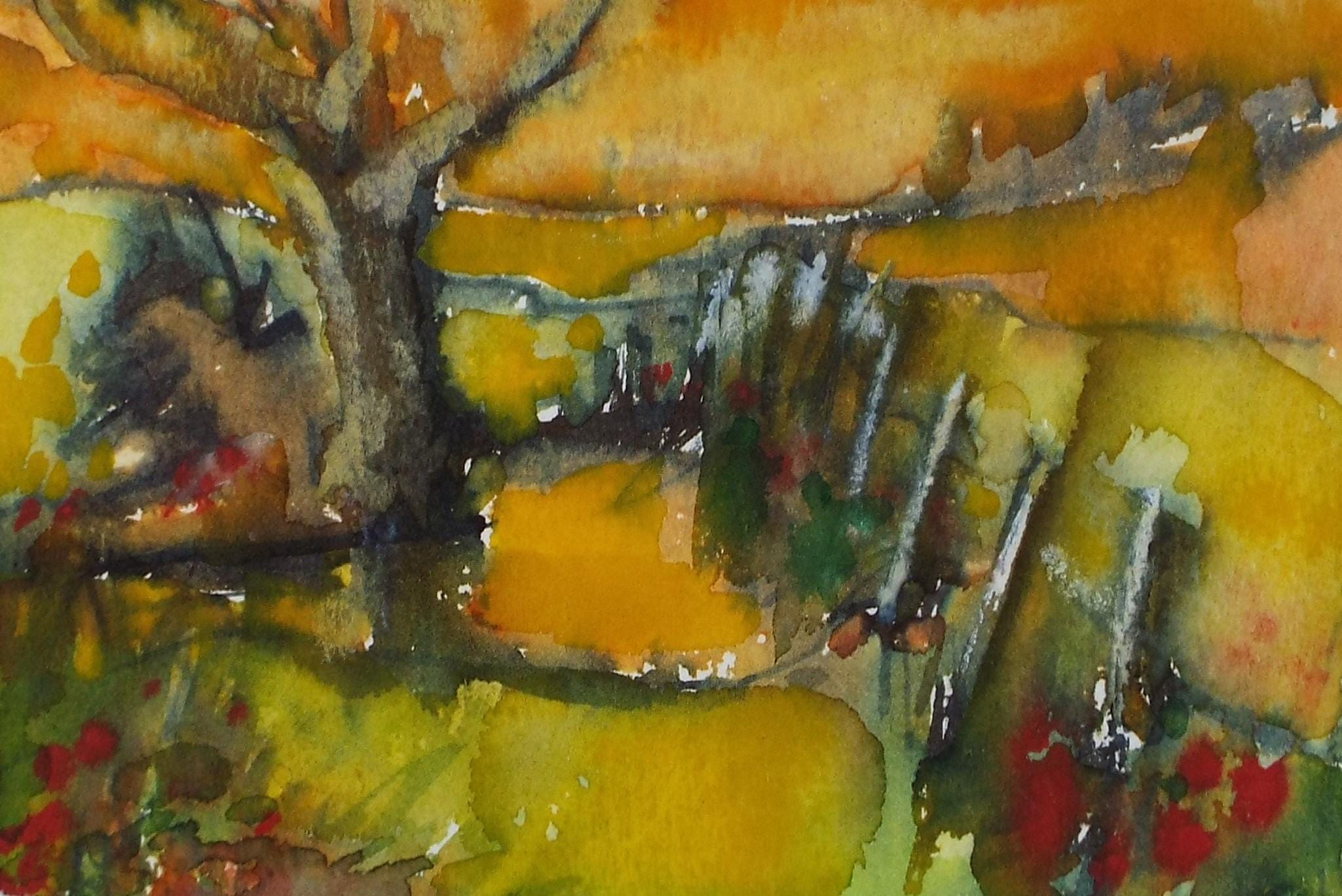 Original Watercolour, 'Landscape with fence and tree', June Bevan, c1990's