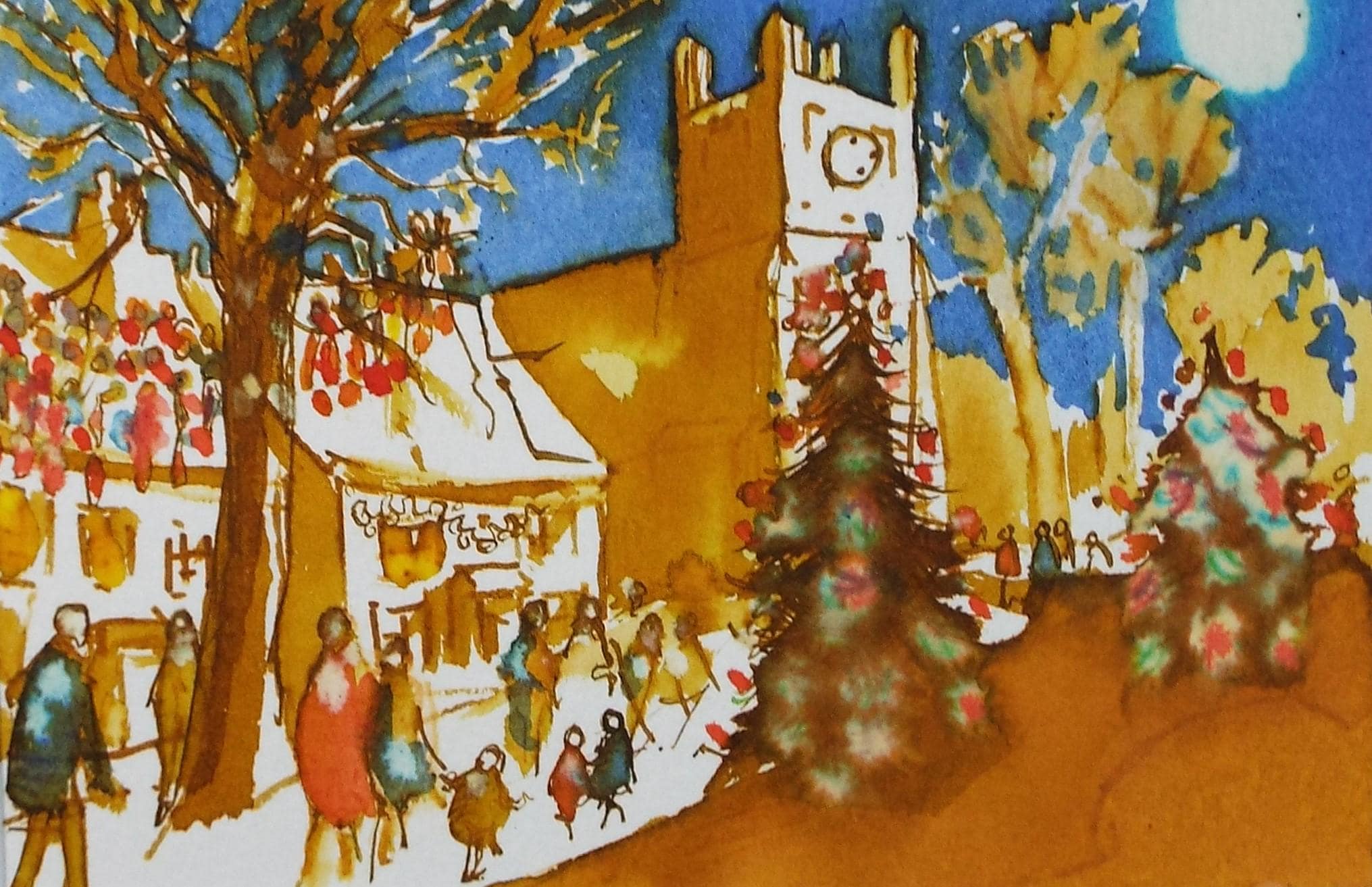 Original Watercolour, 'Christmas in the Village', June Bevan, c1990's