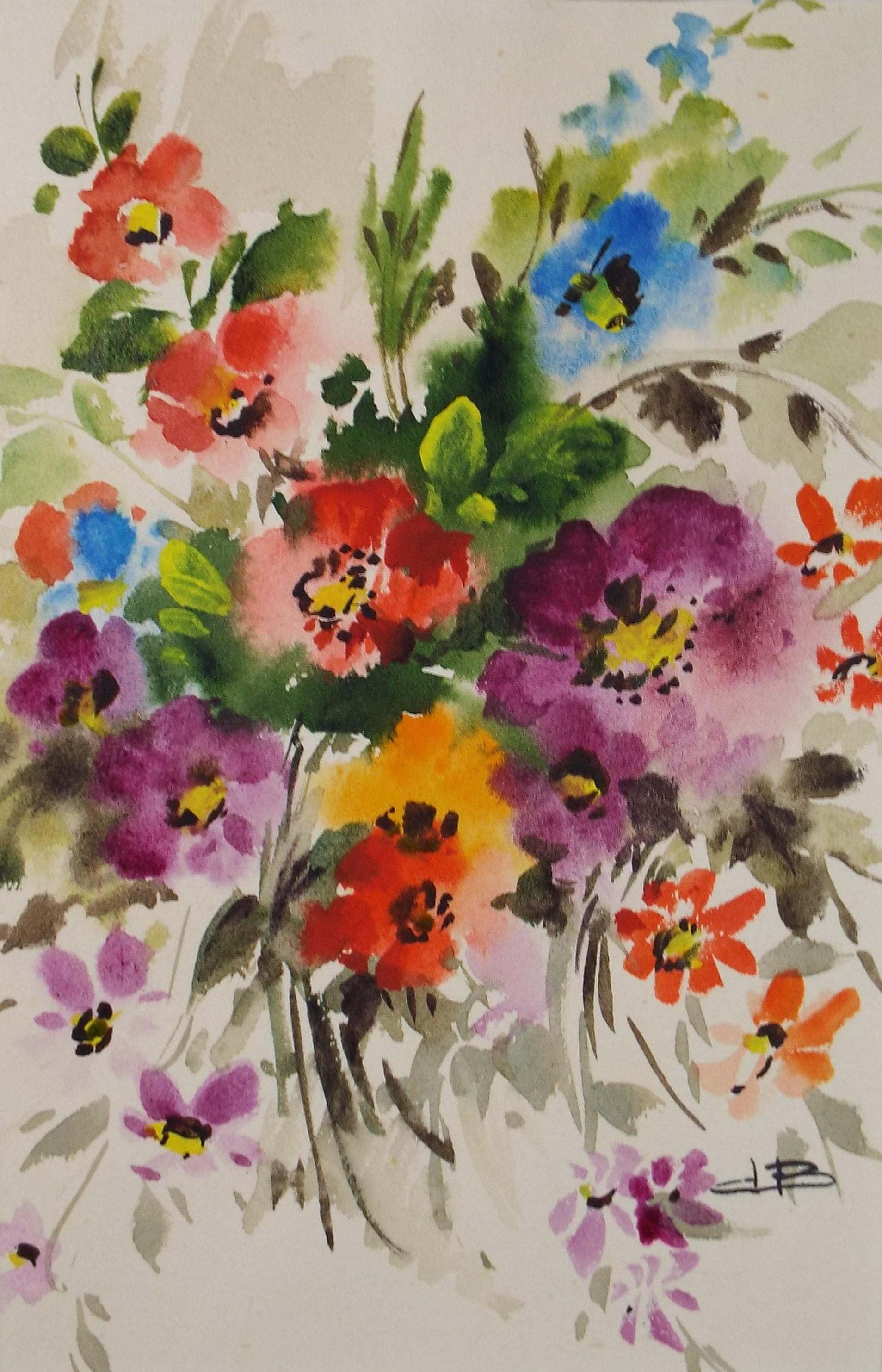 Original Watercolour, 'Summer flowers', circa 1960's, artist Unknown
