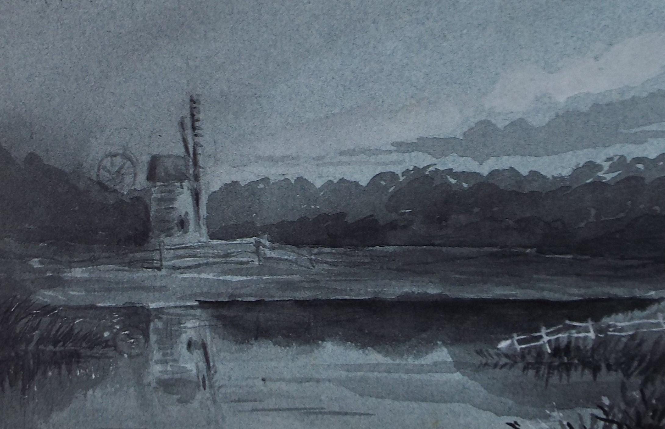 Original Watercolour Drawing, 'Windmill in a River Landscape', c1920's, Artist Unknown