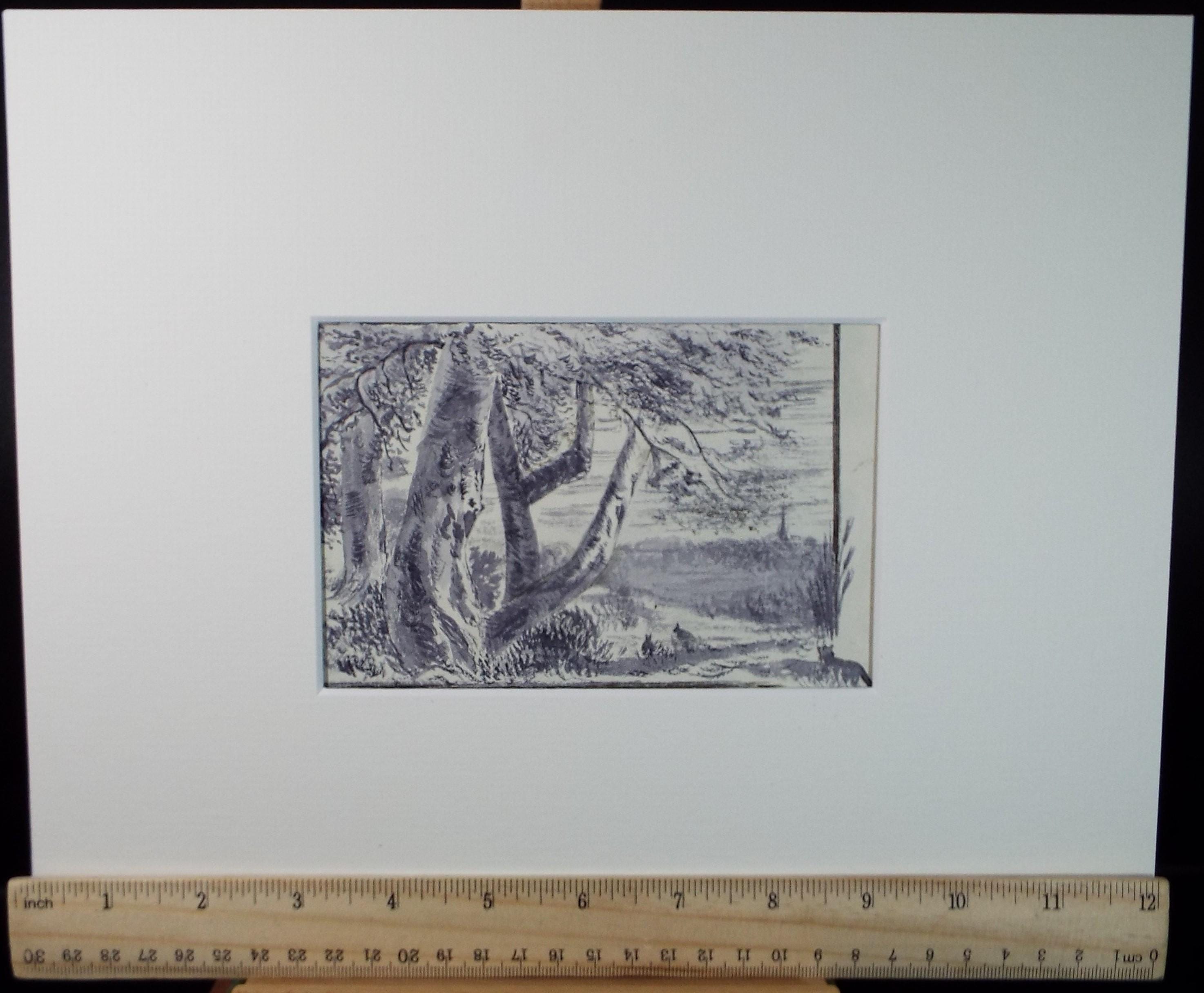 Original Watercolour, 'Countryside with Rabbit and Fox', artist unknown, circa 1890