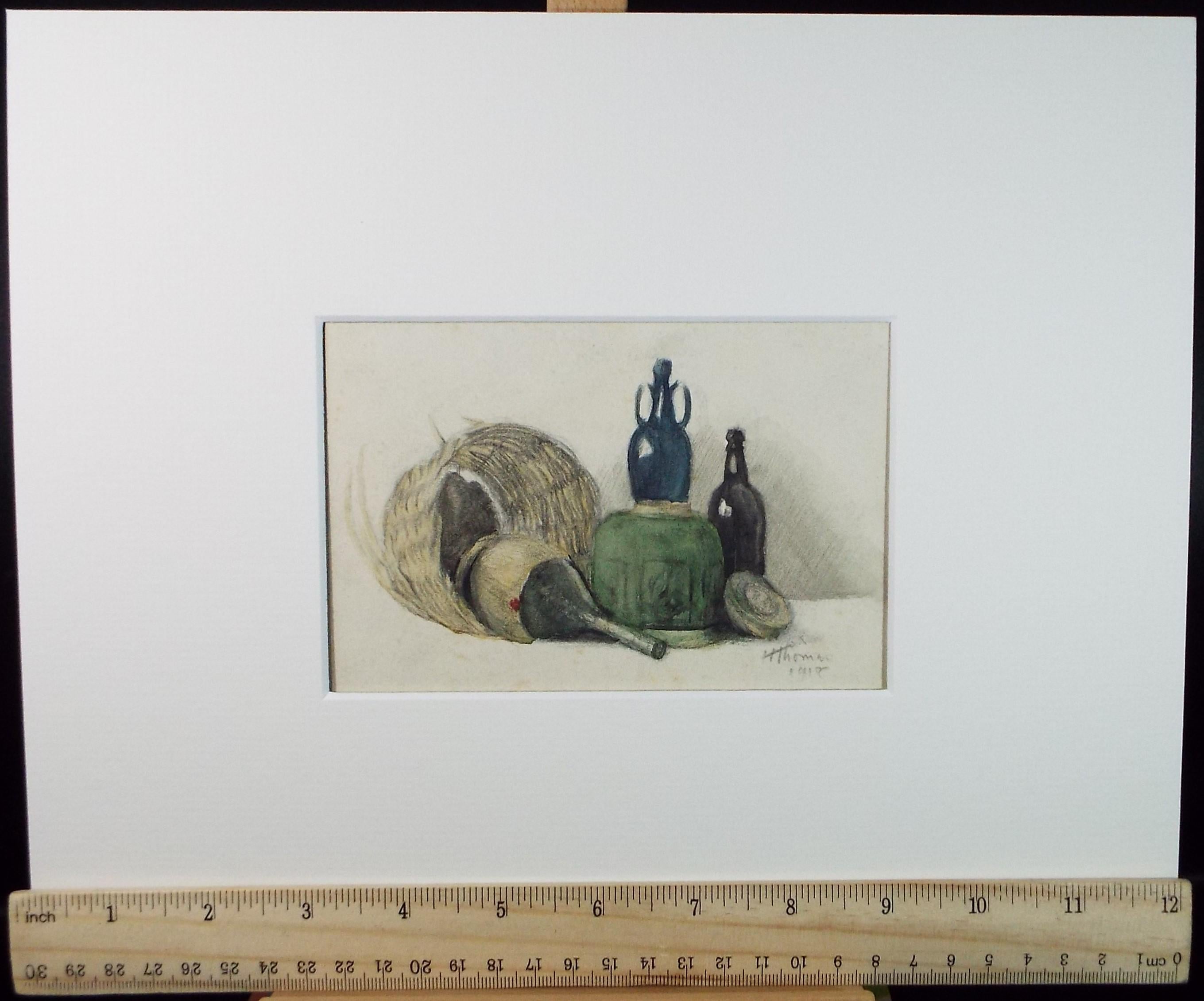 Original Watercolour, 'Still Life of Baskets and Bottles',Harry Thomas, dated 1918