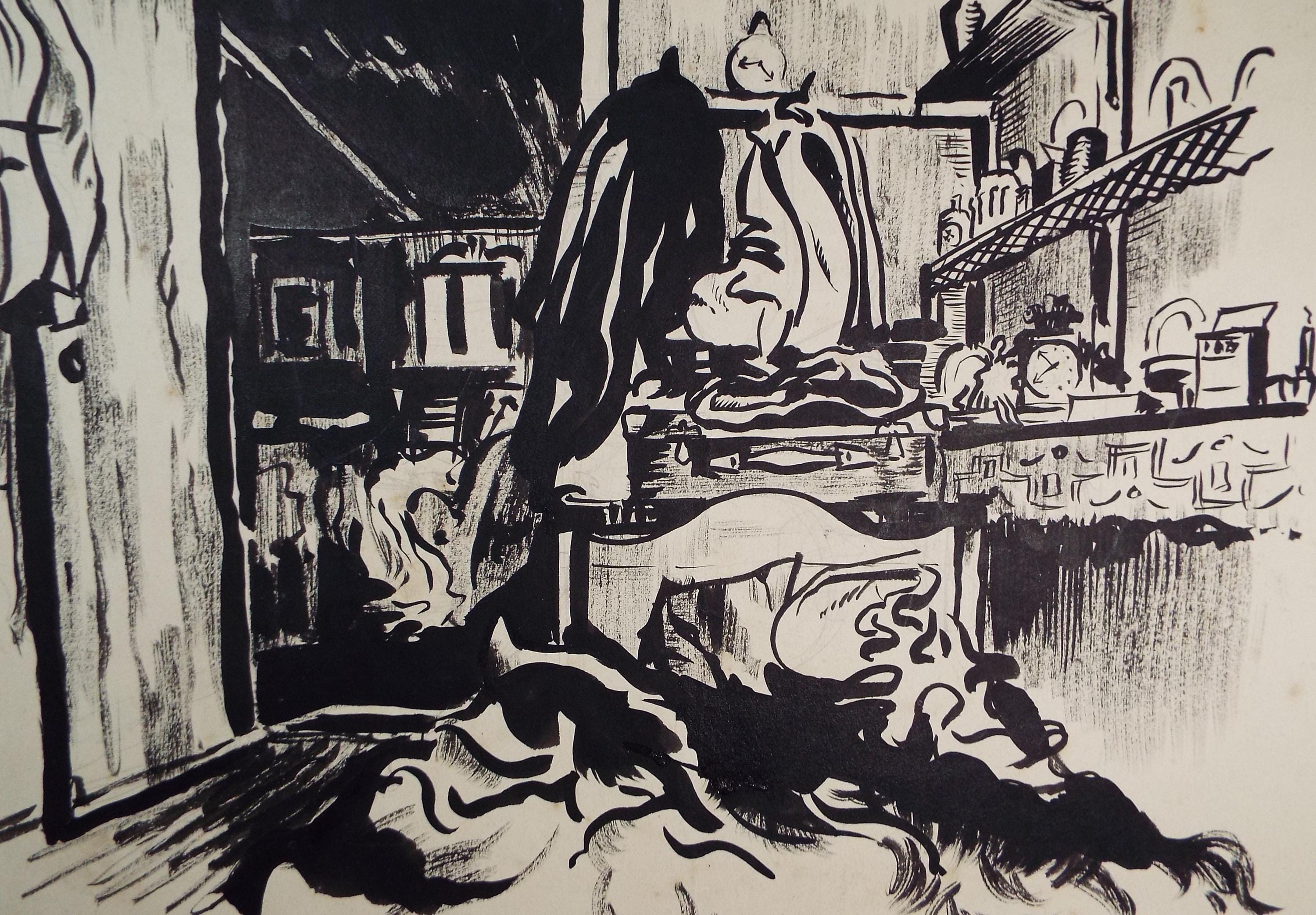 Original Ink drawing , 'Cluttered interior, John Hambleton Holdcroft (1926-2014), 1960's