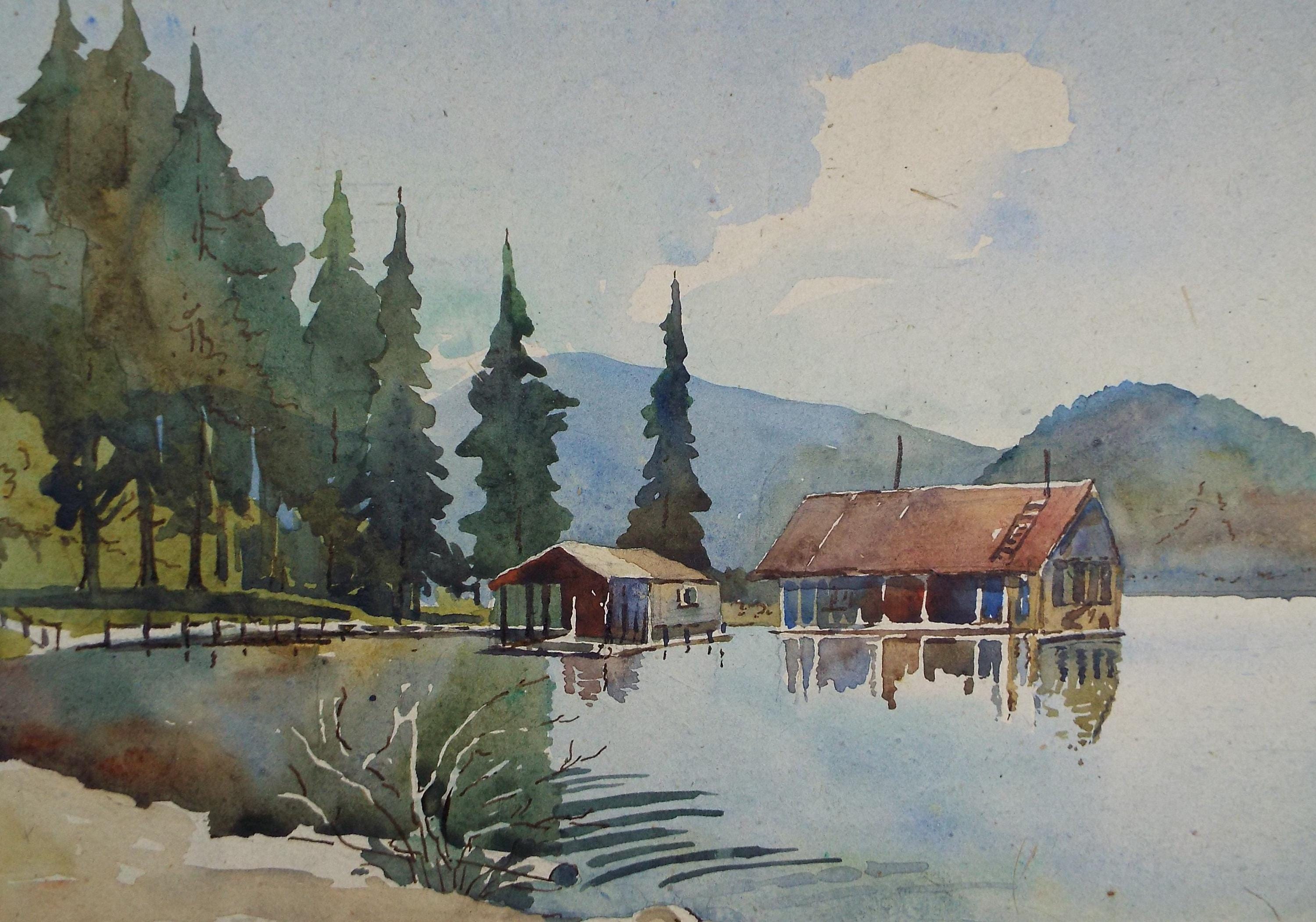 Original Watercolour, 'cabin on the Lake', Circa 1950's, Artist Unknown