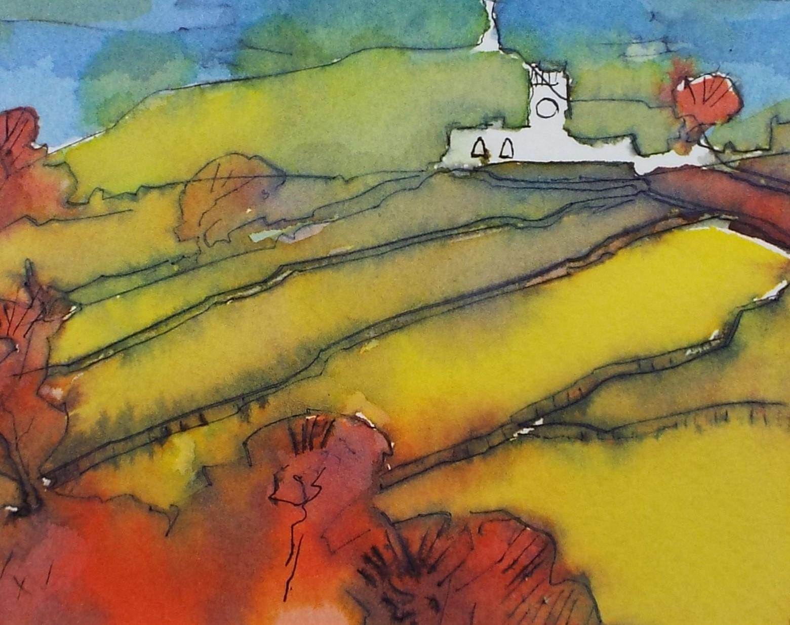 Original Watercolour, 'Fields with distant church', June Bevan, c1990's