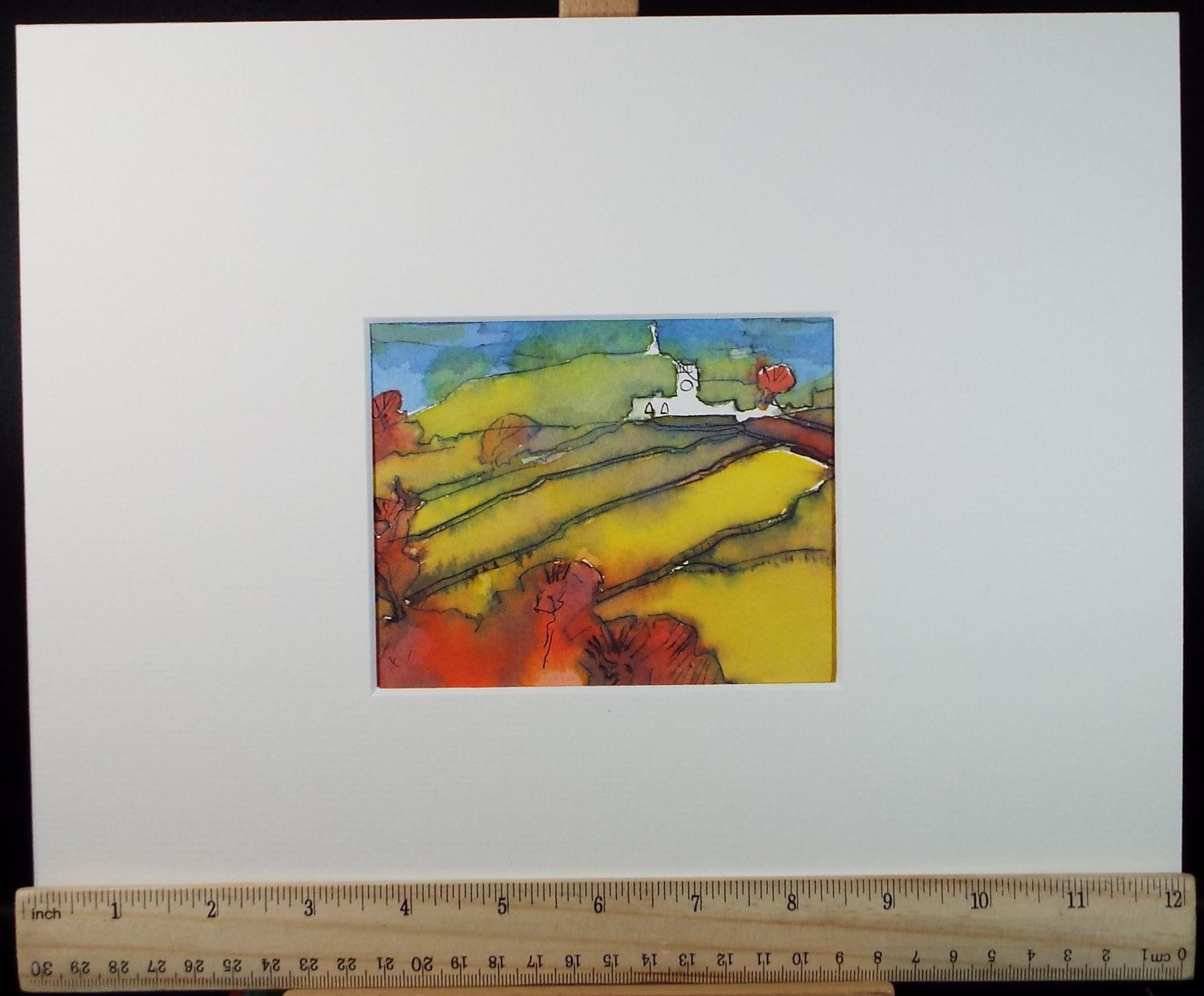 Original Watercolour, 'Fields with distant church', June Bevan, c1990's