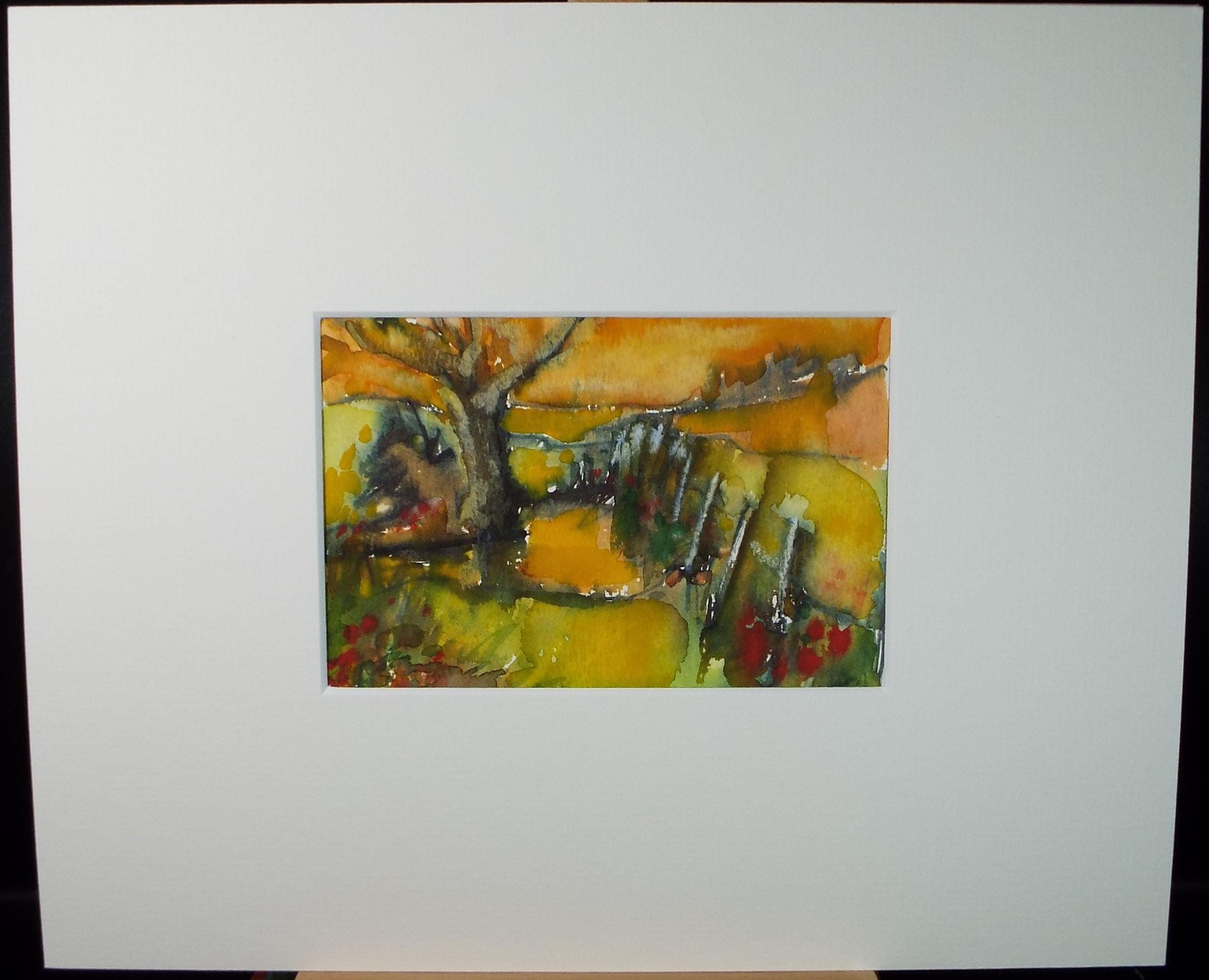 Original Watercolour, 'Landscape with fence and tree', June Bevan, c1990's