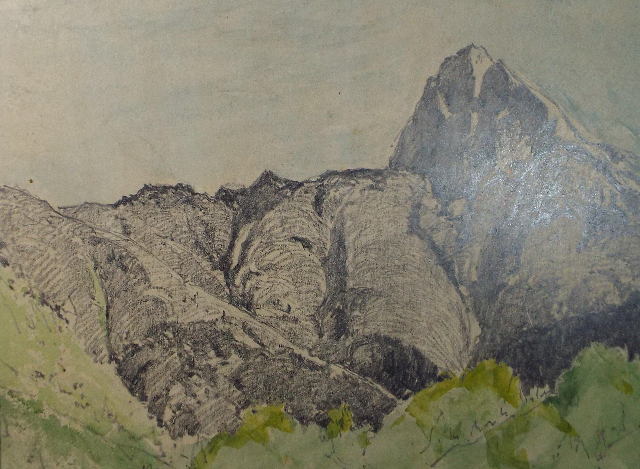 Original Pencil Drawing 'Mountain View', Artist Unknown, dated 1940