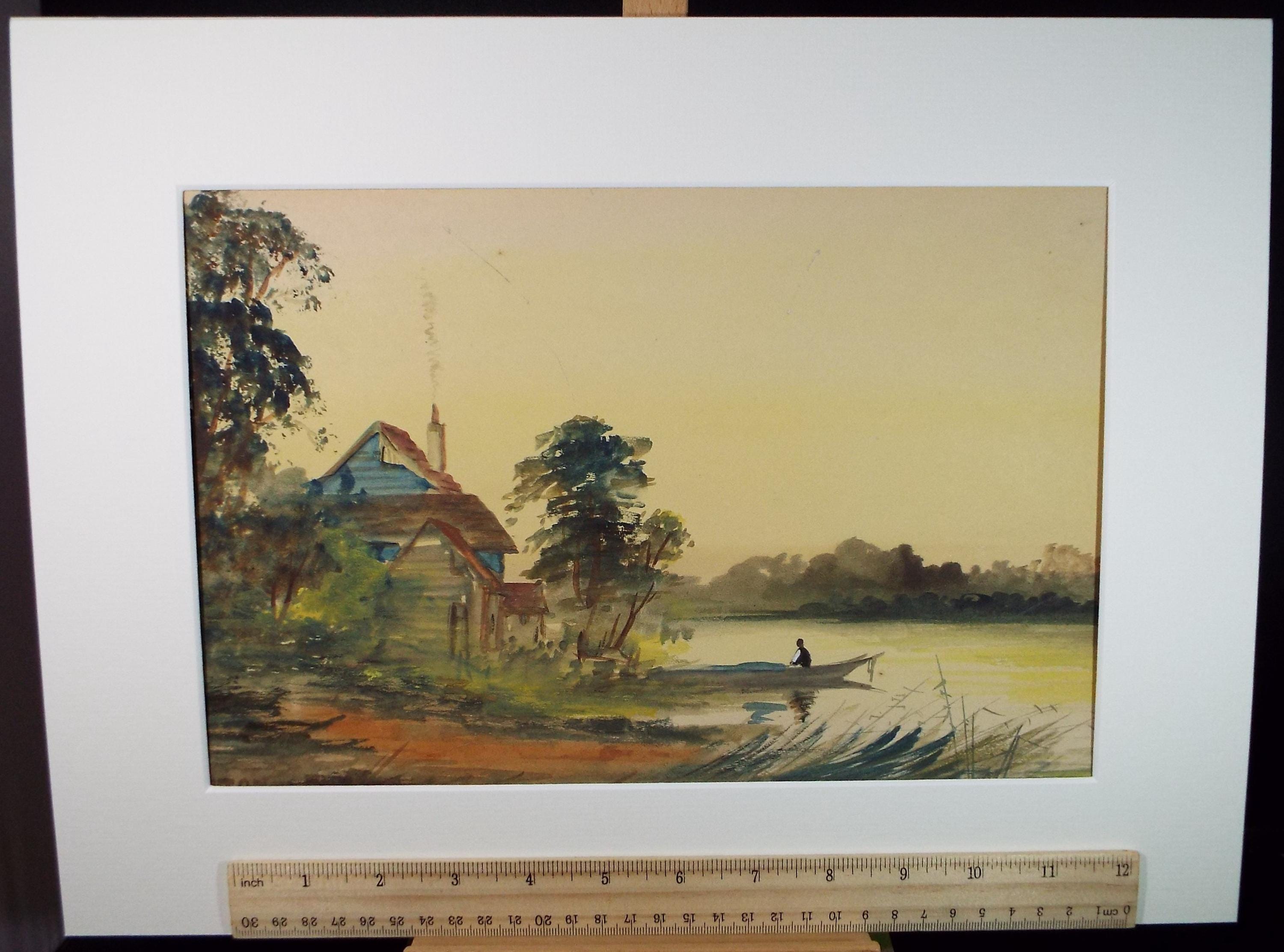 Original Watercolour, 'On a River at Sunset', Artist Unknown, Circa 1920's