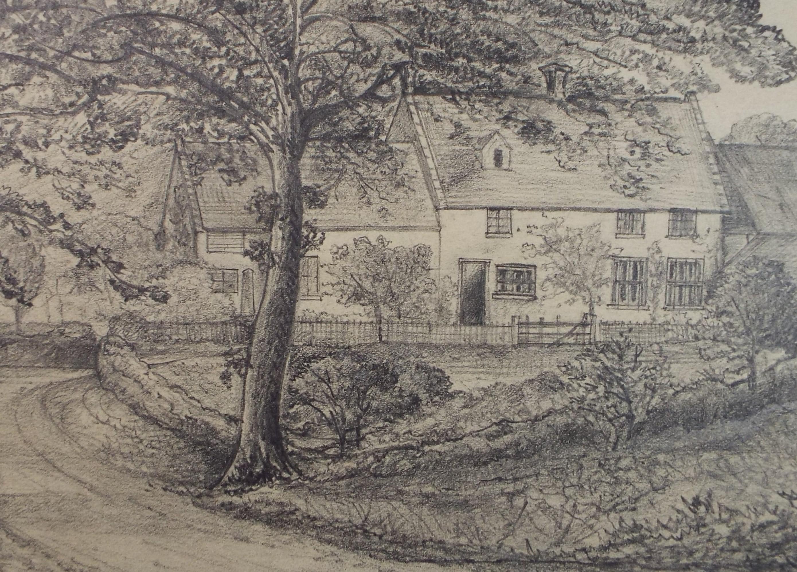 Original Pencil drawing, 'Howlets farm, Bacton', Dated 1874, artist unknown