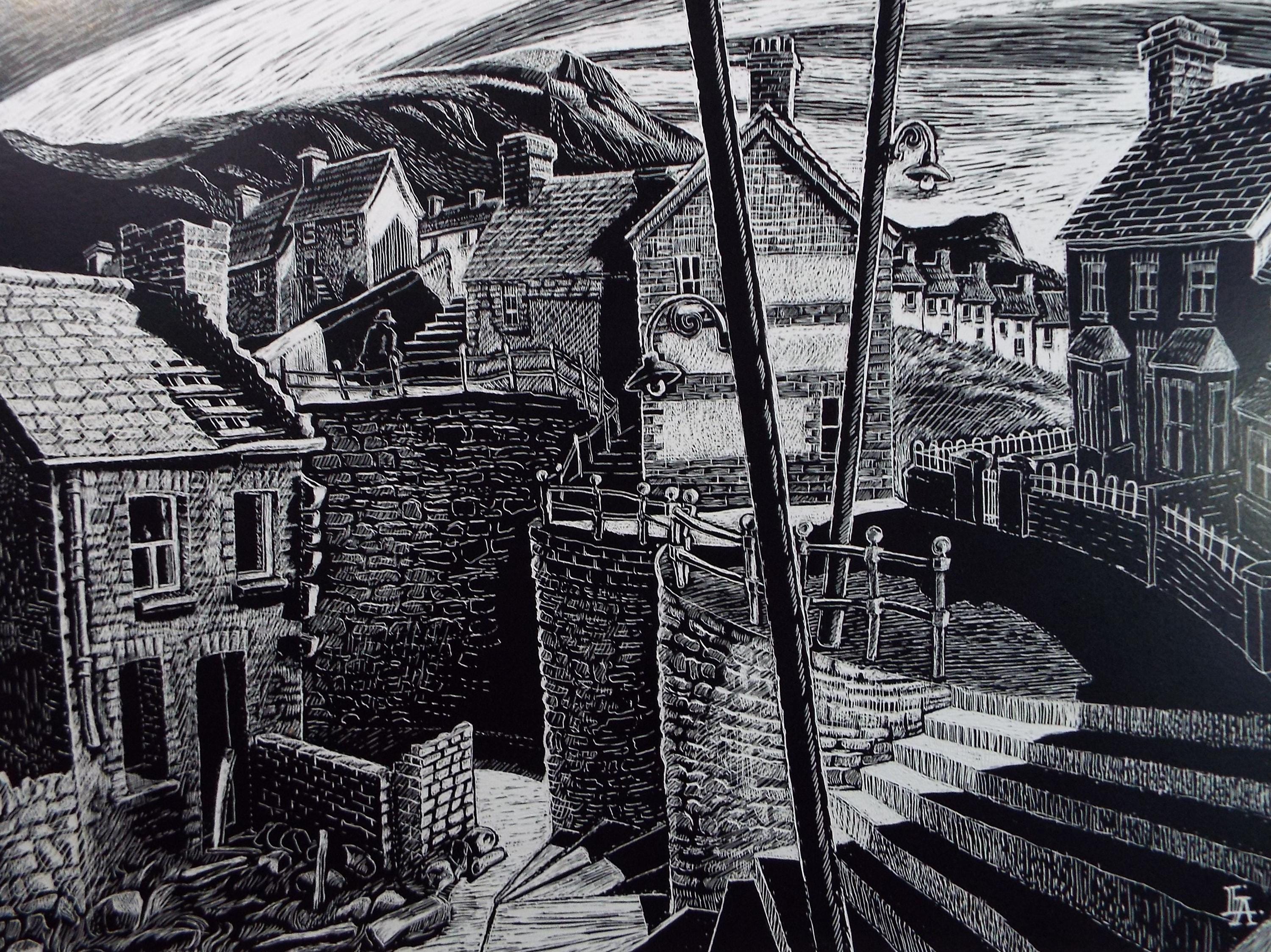Original Scraperboard drawing, 'Mining Village', Lorraine Abraham RSMA (1941-2023), Circa 1990's
