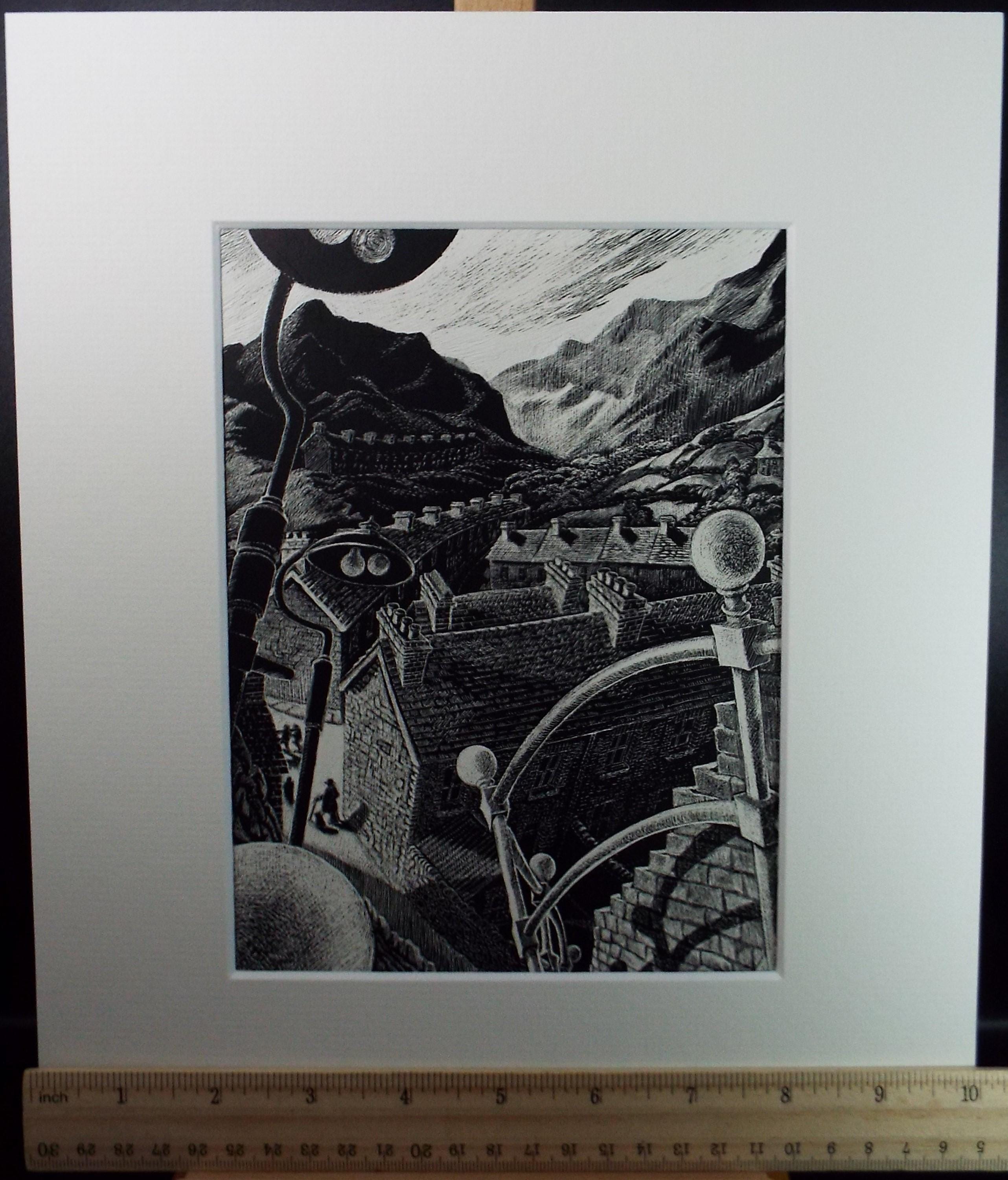 Original Scraperboard drawing, 'The Town rooftops', Lorraine Abraham RSMA (1941-2023), Circa 1990's