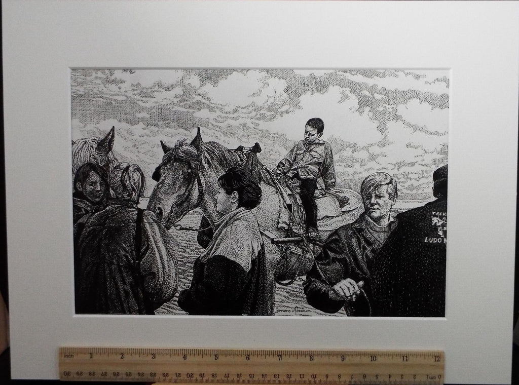 Original Scraperboard & ink drawing, 'Figures on the Shore', Lorraine