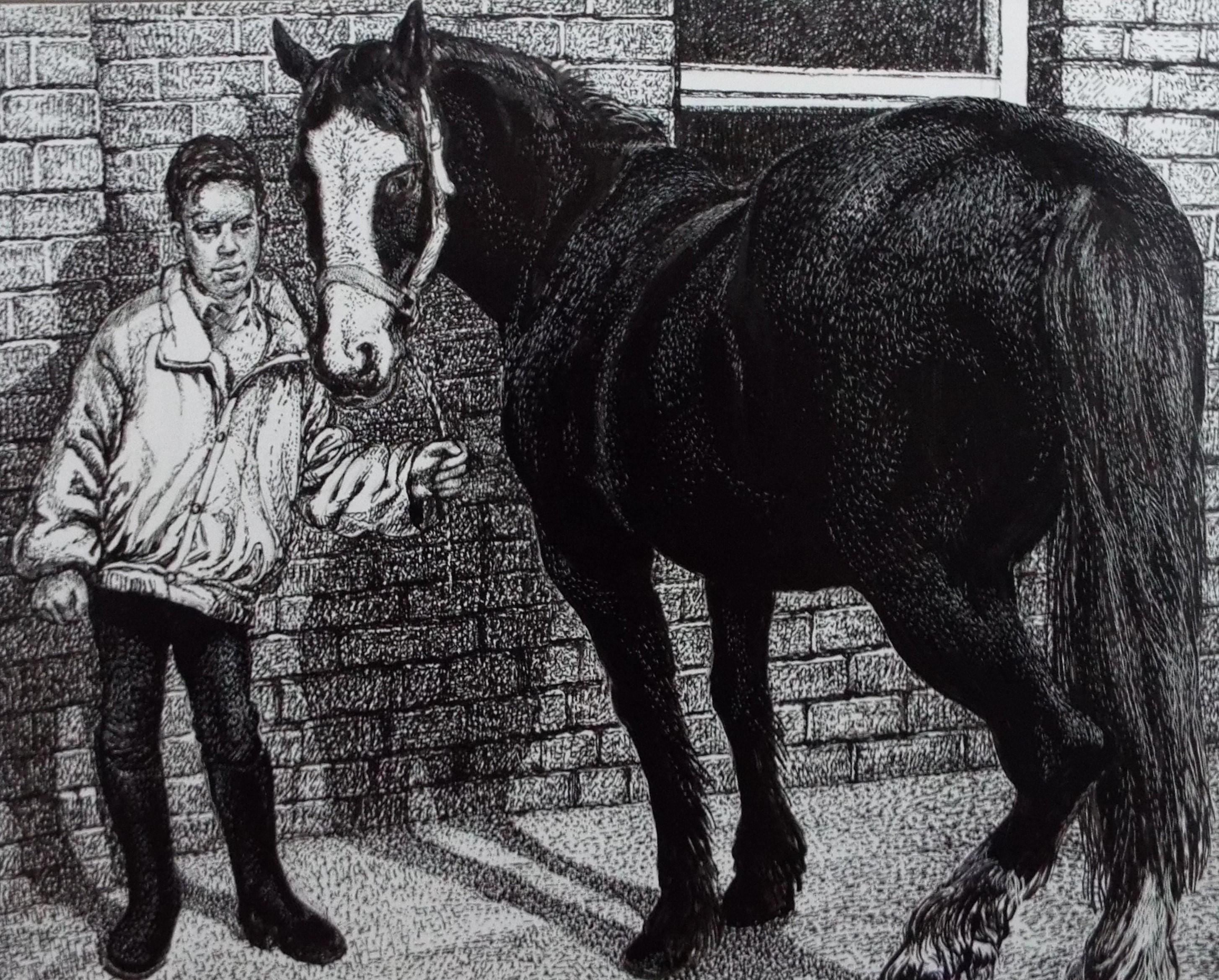 Original Scraperboard & ink drawing, 'The Groom', Lorraine Abraham RSM