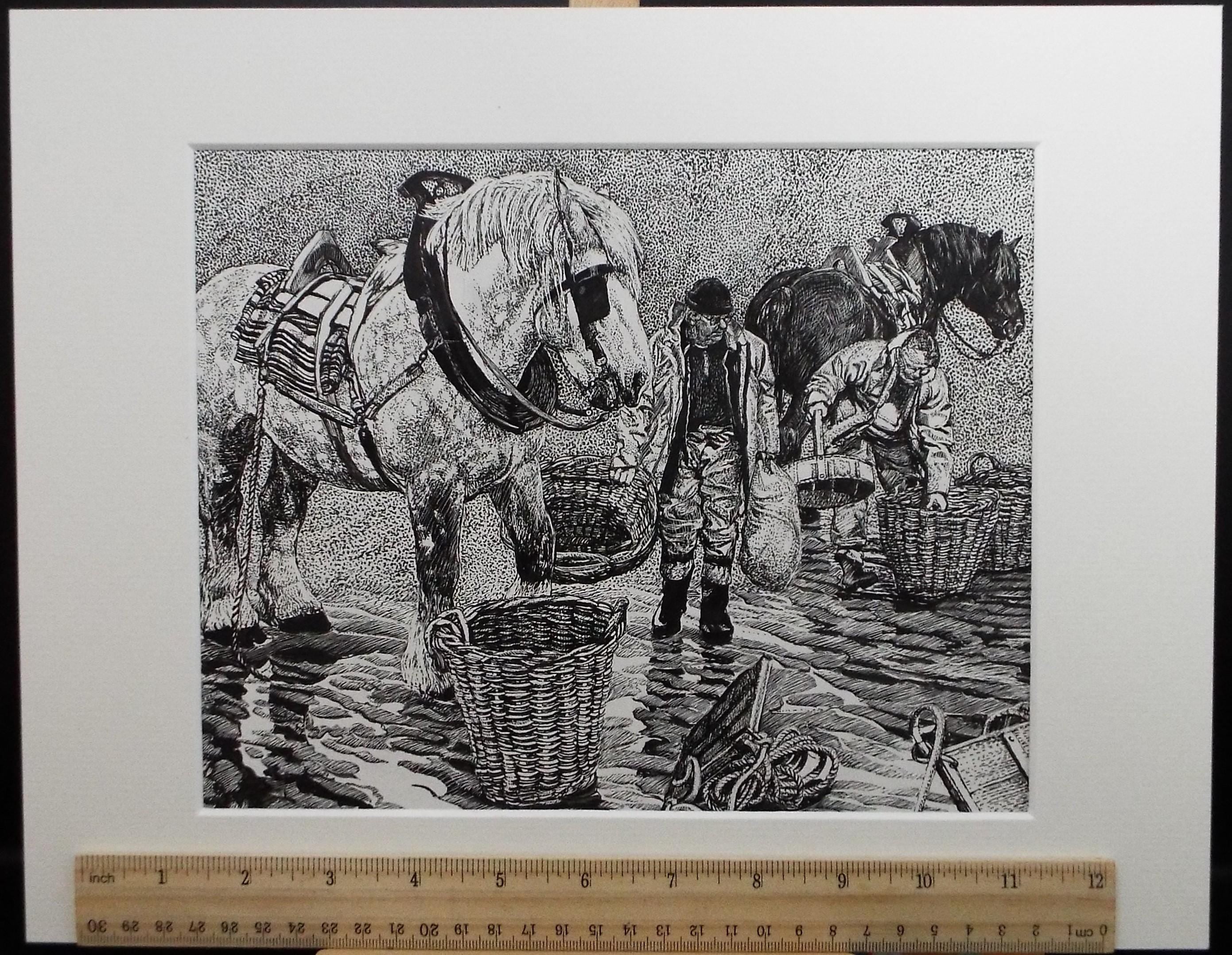 Original Scraperboard & Ink drawing, 'Cockle Pickers', Lorraine Abraham RSMA (1941-2023), Circa 1990's
