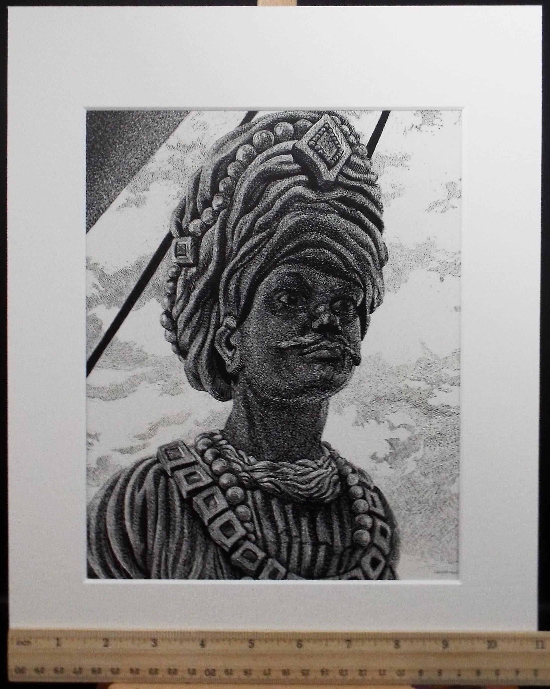 Original Scraperboard drawing, 'Man in a Turban', Lorraine Abraham RSMA (1941-2023), Circa 1990's
