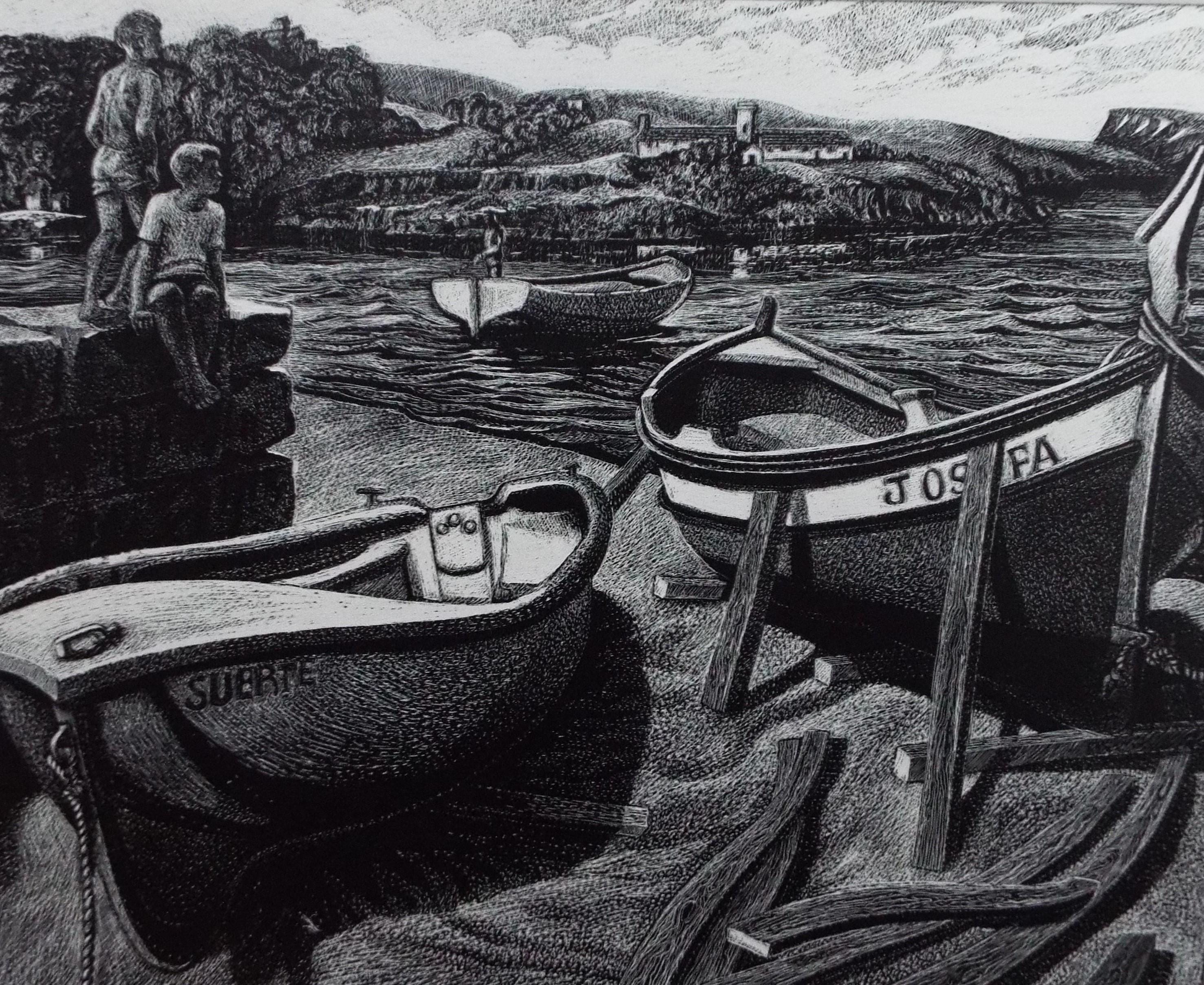 Original Scraperboard drawing, 'Boys on the Breakwater', Lorraine Abra