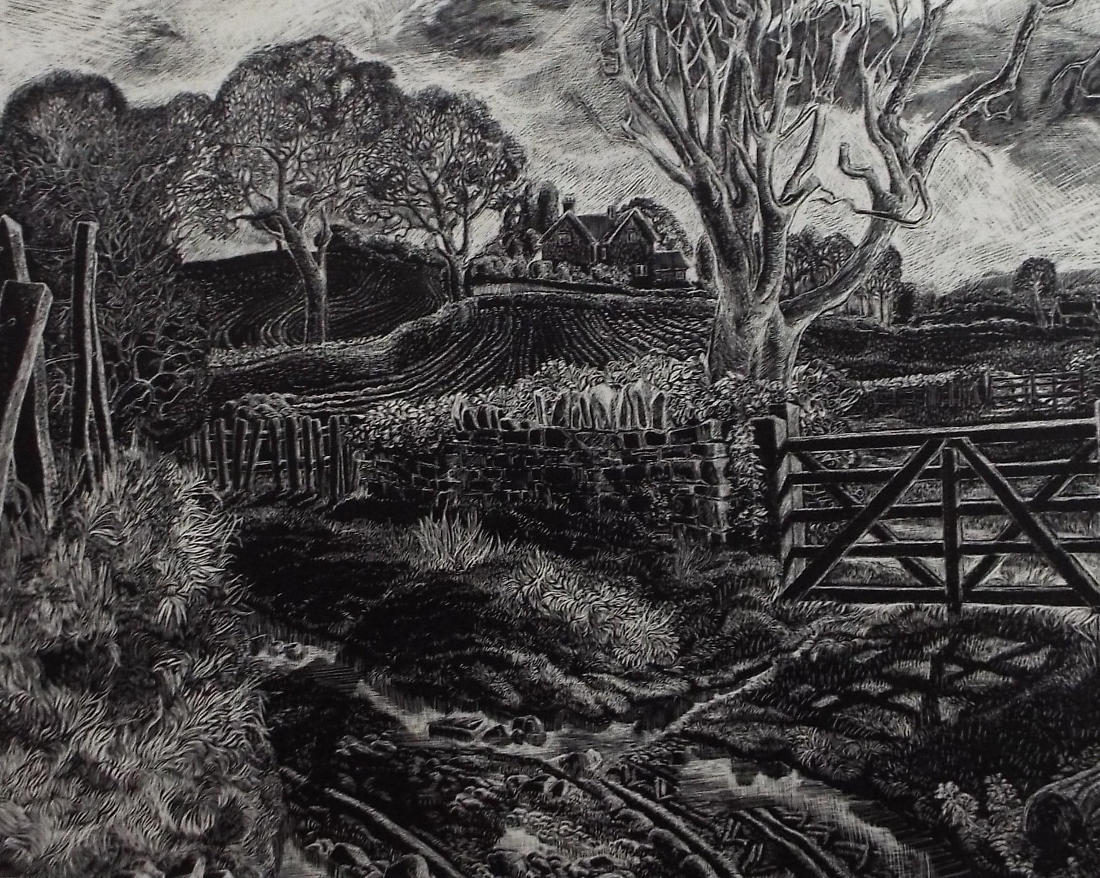 Original Scraperboard drawing, 'Farming Landscape', Lorraine Abraham RSMA (1941-2023), Circa 1990's