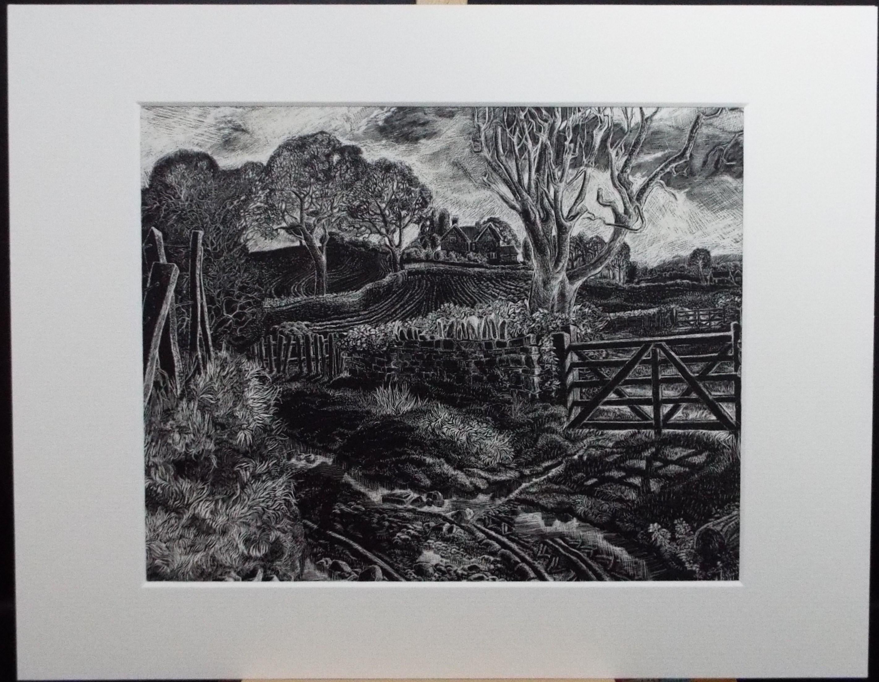 Original Scraperboard drawing, 'Farming Landscape', Lorraine Abraham RSMA (1941-2023), Circa 1990's
