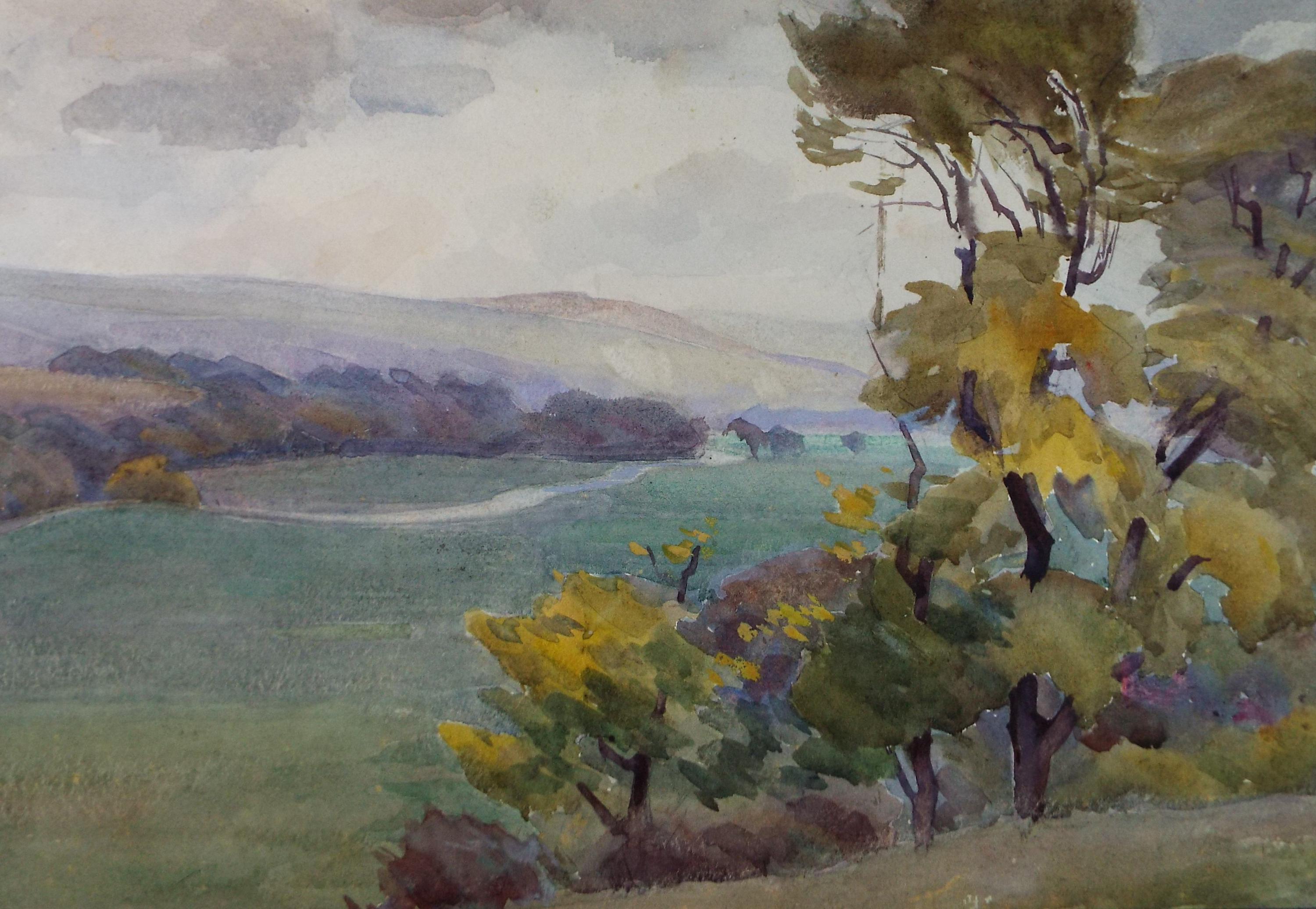 Original Watercolour, 'Landscape View from a Hill', Artist Unknown, circa 1920's