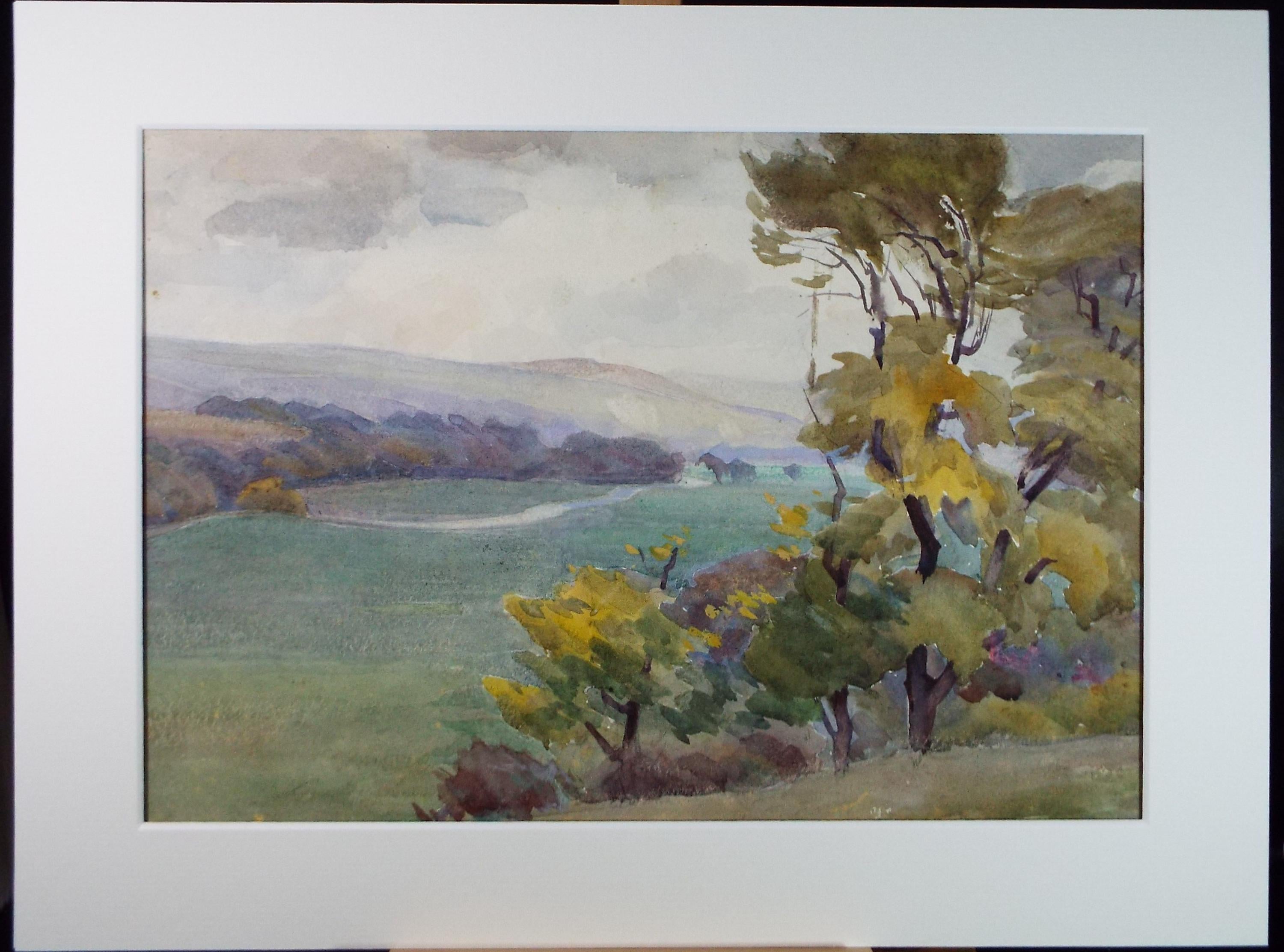 Original Watercolour, 'Landscape View from a Hill', Artist Unknown, circa 1920's
