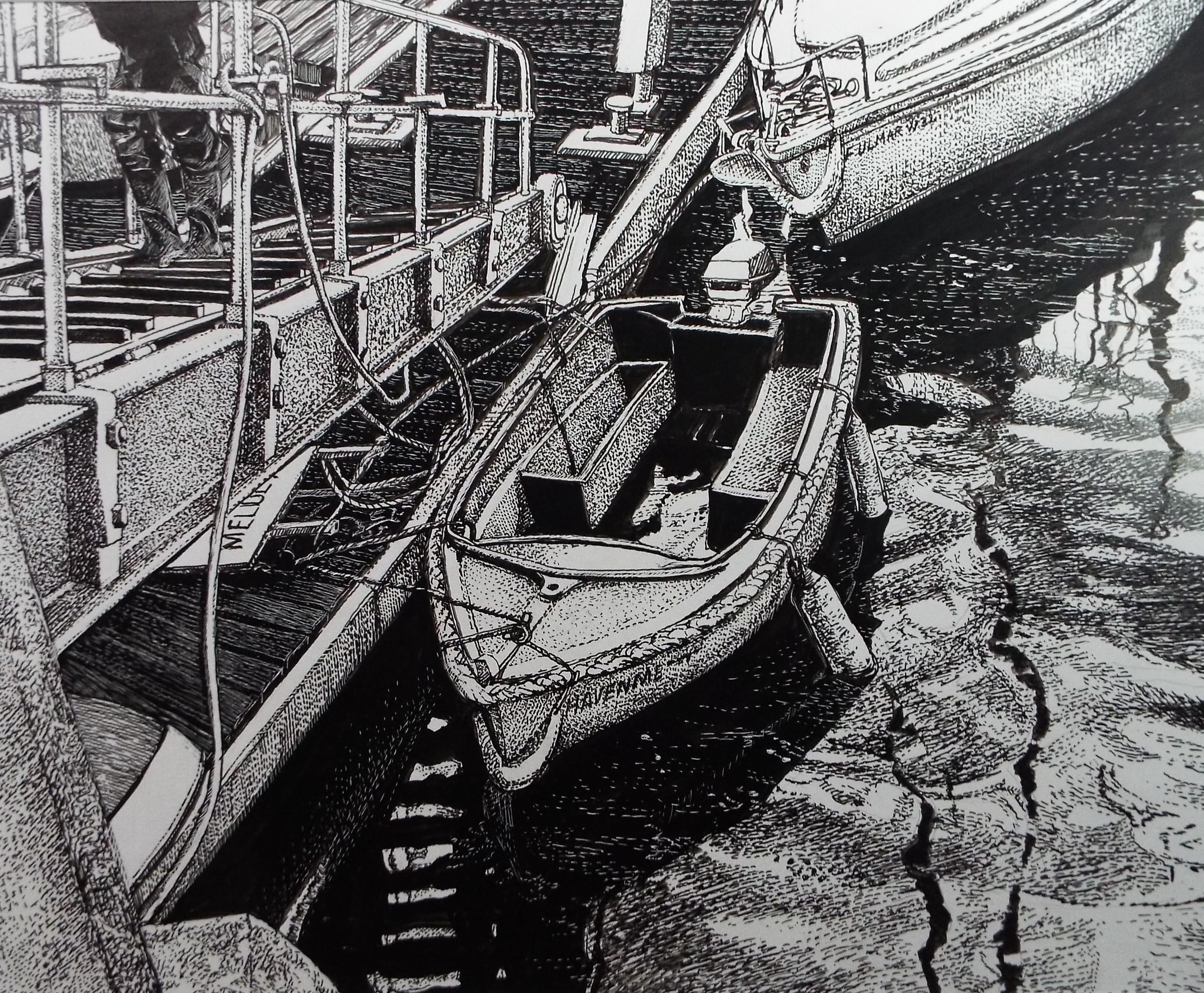 Original Scraperboard & ink drawing, 'Moored speed Boat', Lorraine Abr