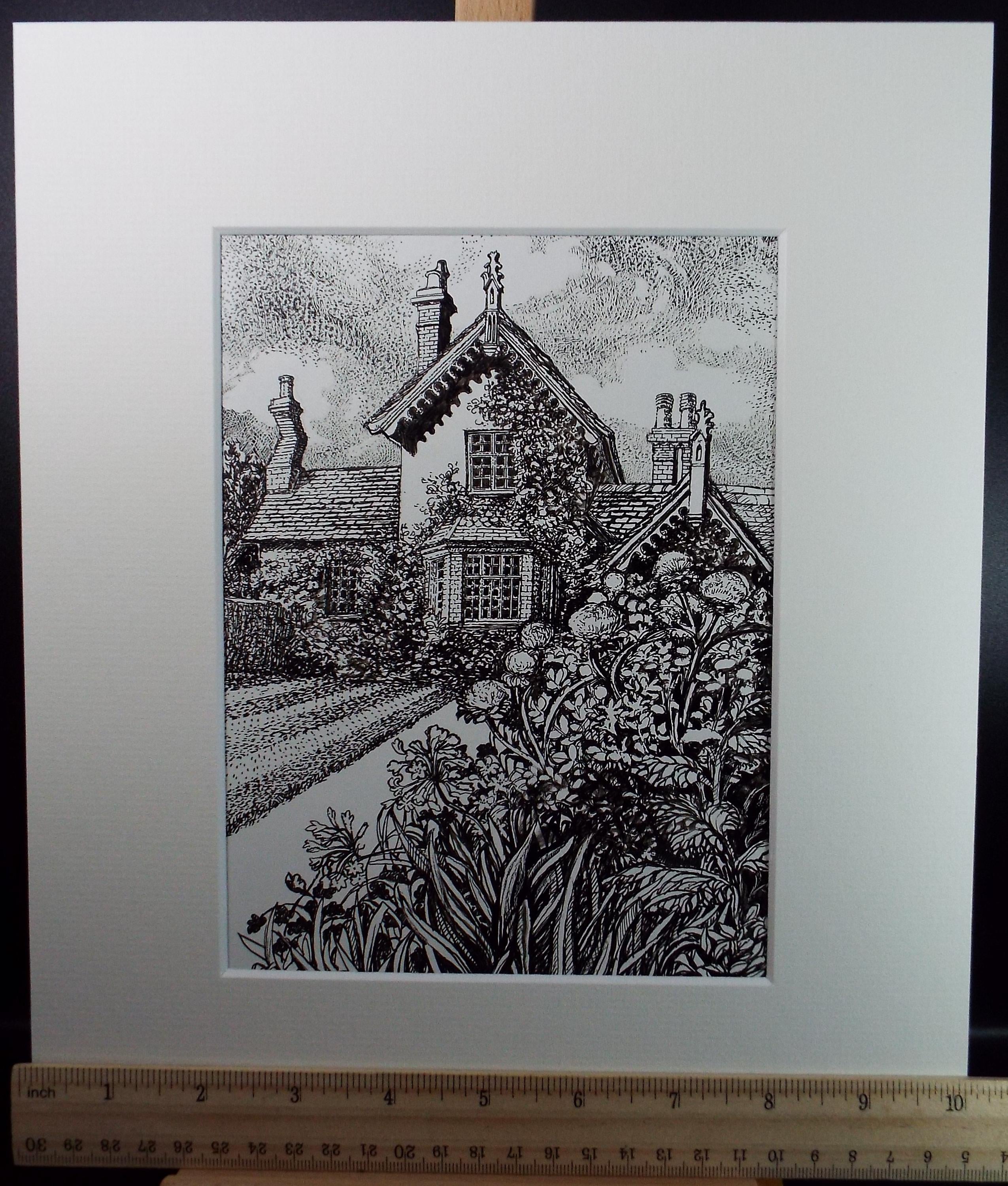 Original Scraperboard & ink drawing, 'Country Cottage and Summer Garden', Lorraine Abraham RSMA (1941-2023), Circa 1990's