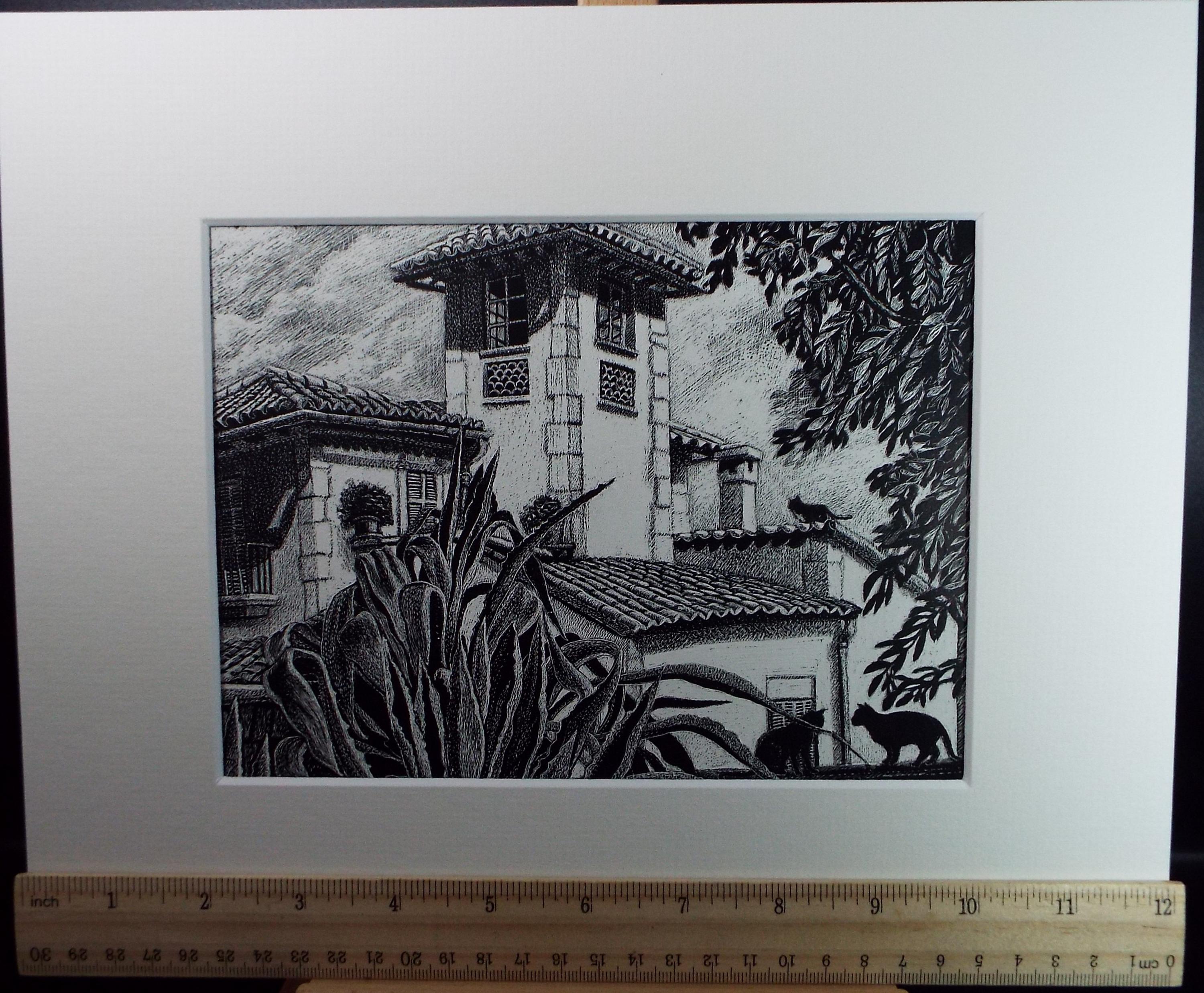 Original Scraperboard drawing, 'Villa with Cats', Lorraine Abraham RSMA (1941-2023), Circa 1990's