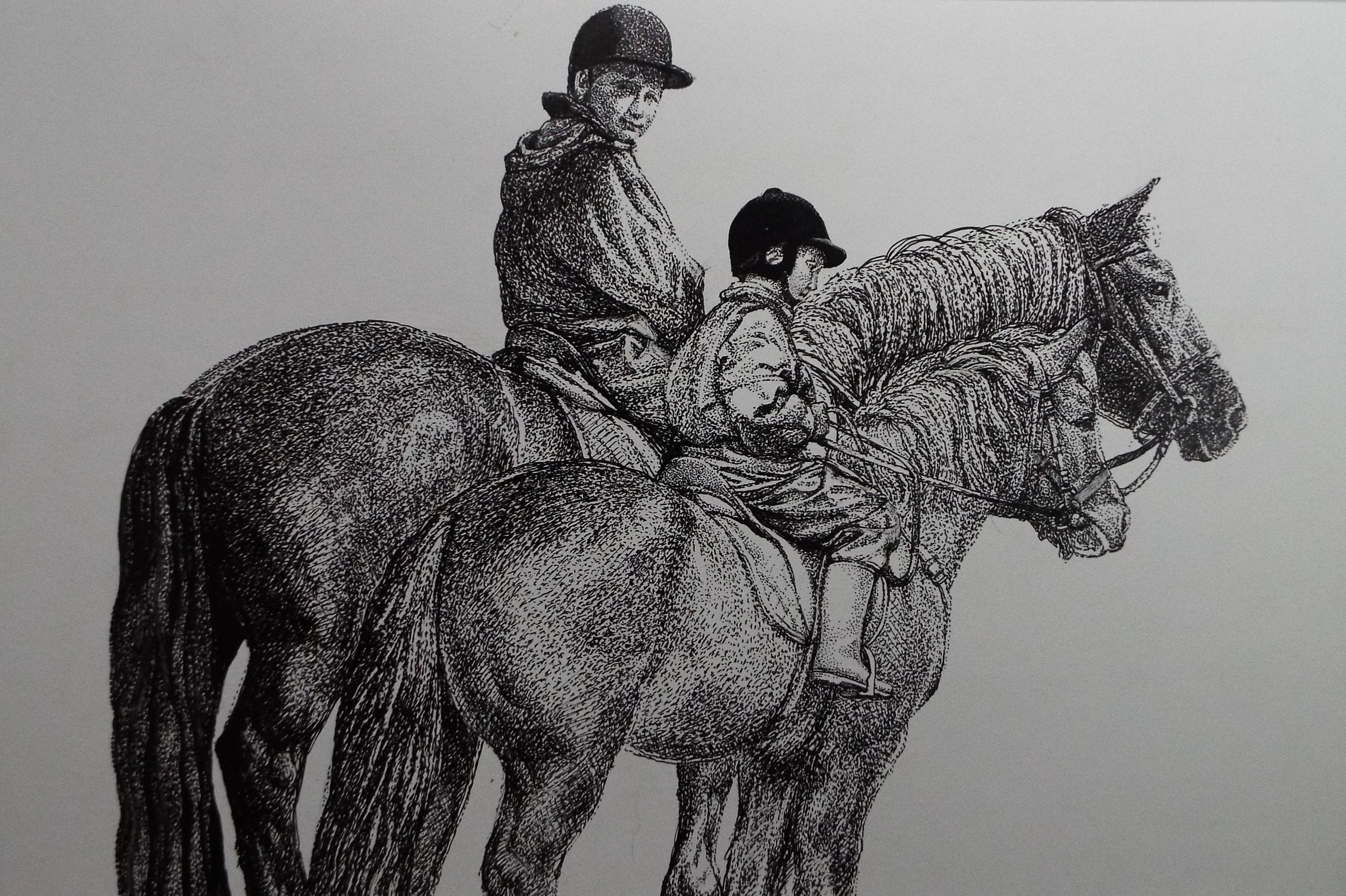Original ink drawing, 'Two Riders', Lorraine Abraham RSMA (1941-2023),