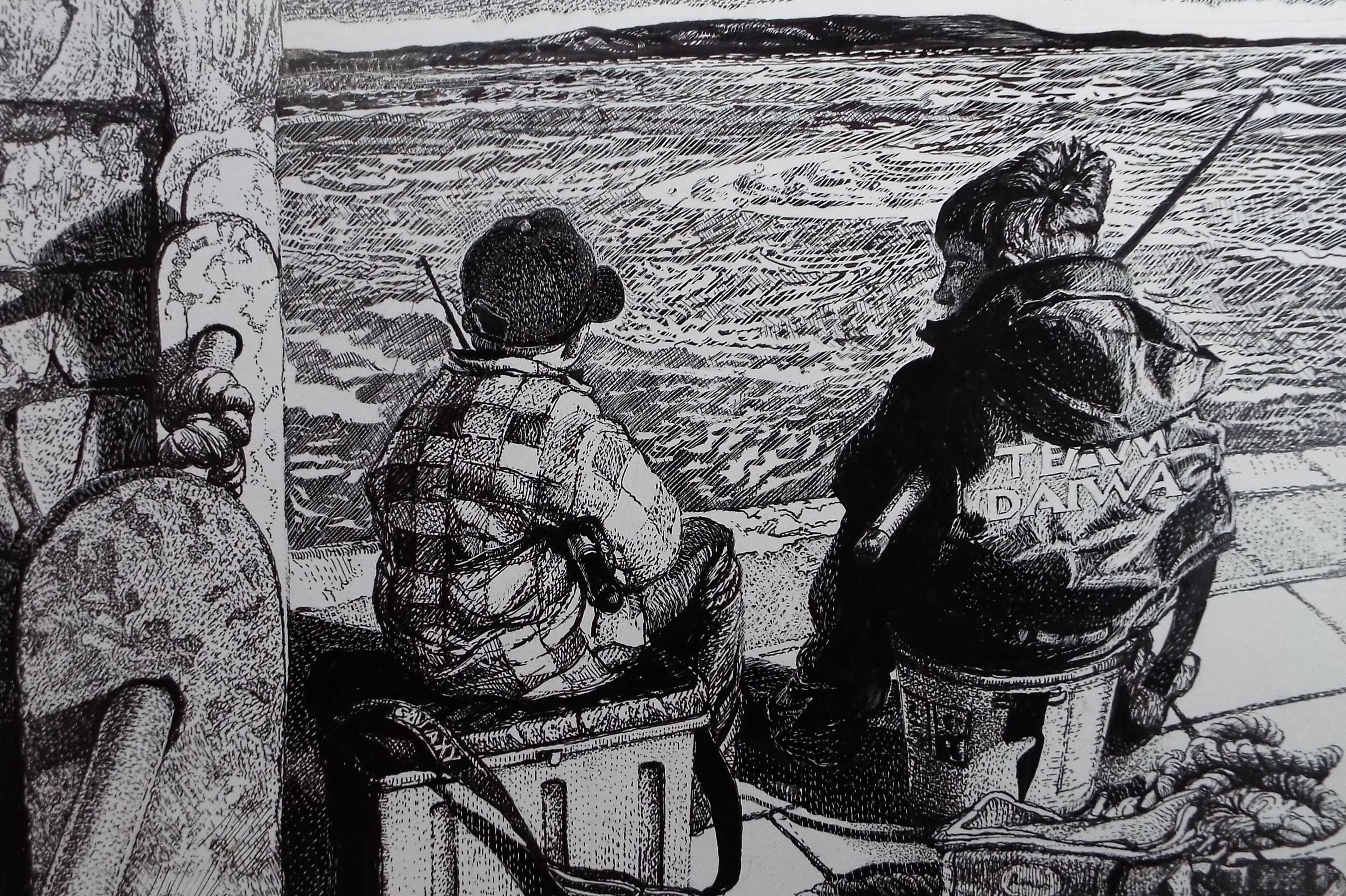Original Scraperboard & ink drawing, 'Young Fishers', Lorraine Abraham
