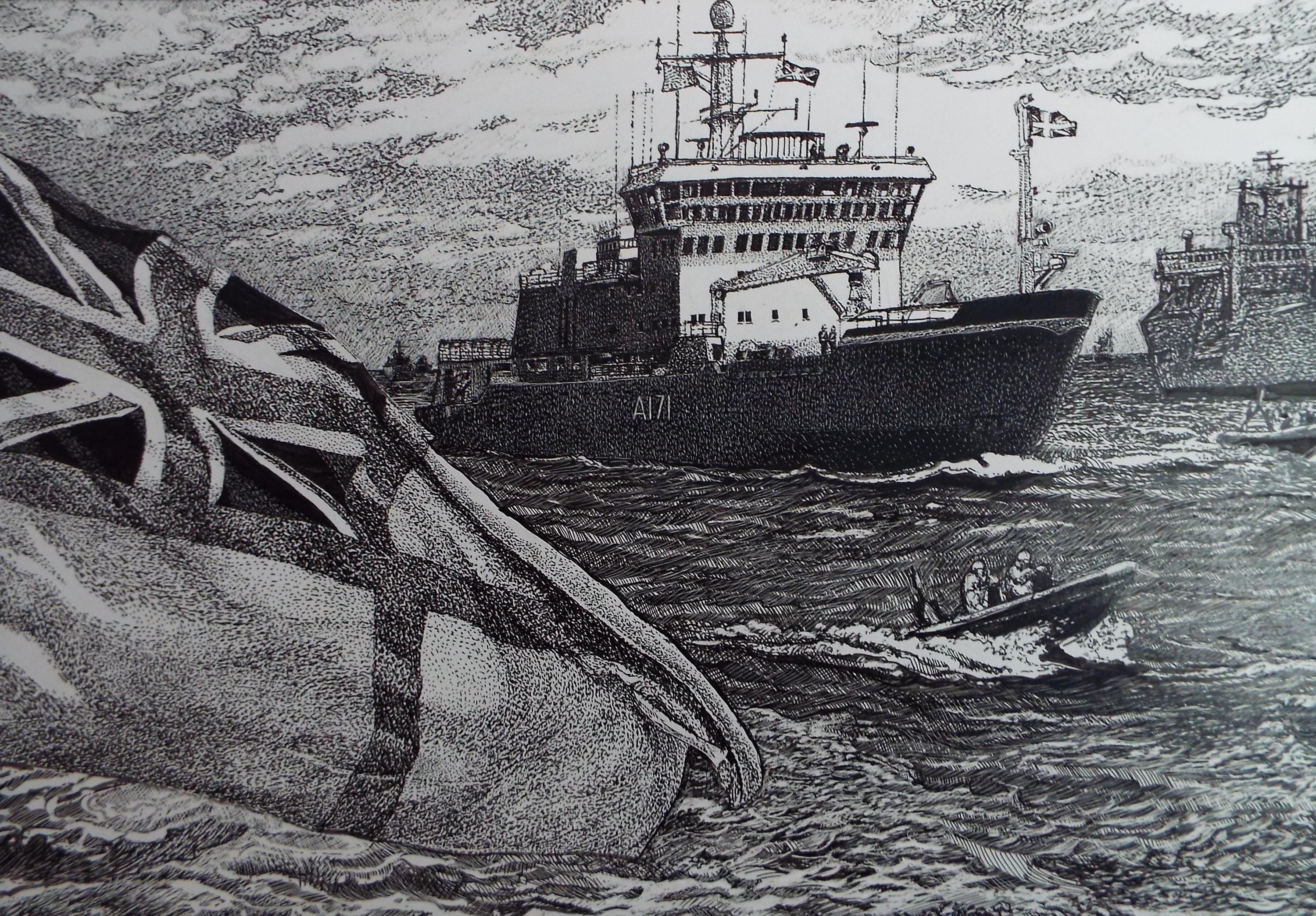Original Scraperboard & ink drawing, 'HMS Endurance', Lorraine Abraham
