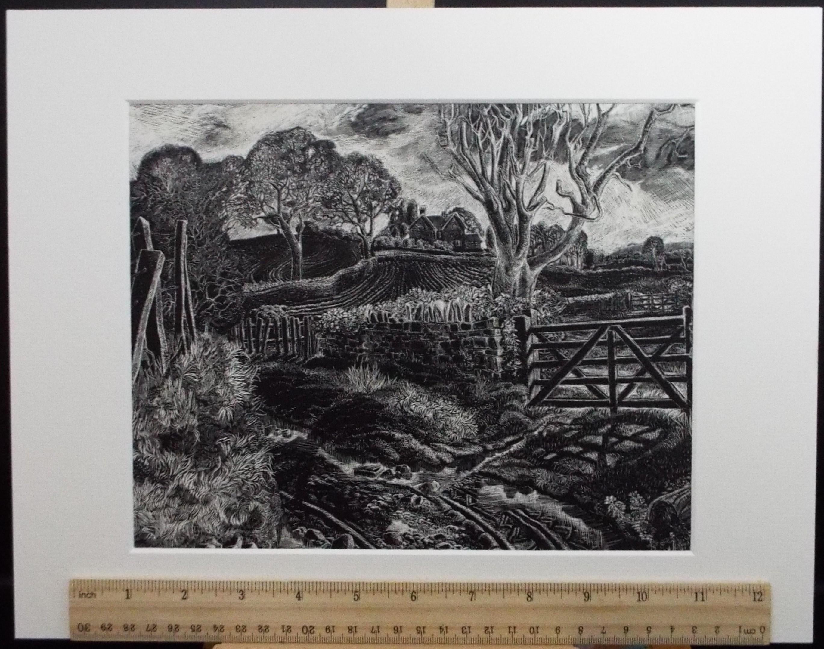 Original Scraperboard drawing, 'Farming Landscape', Lorraine Abraham RSMA (1941-2023), Circa 1990's