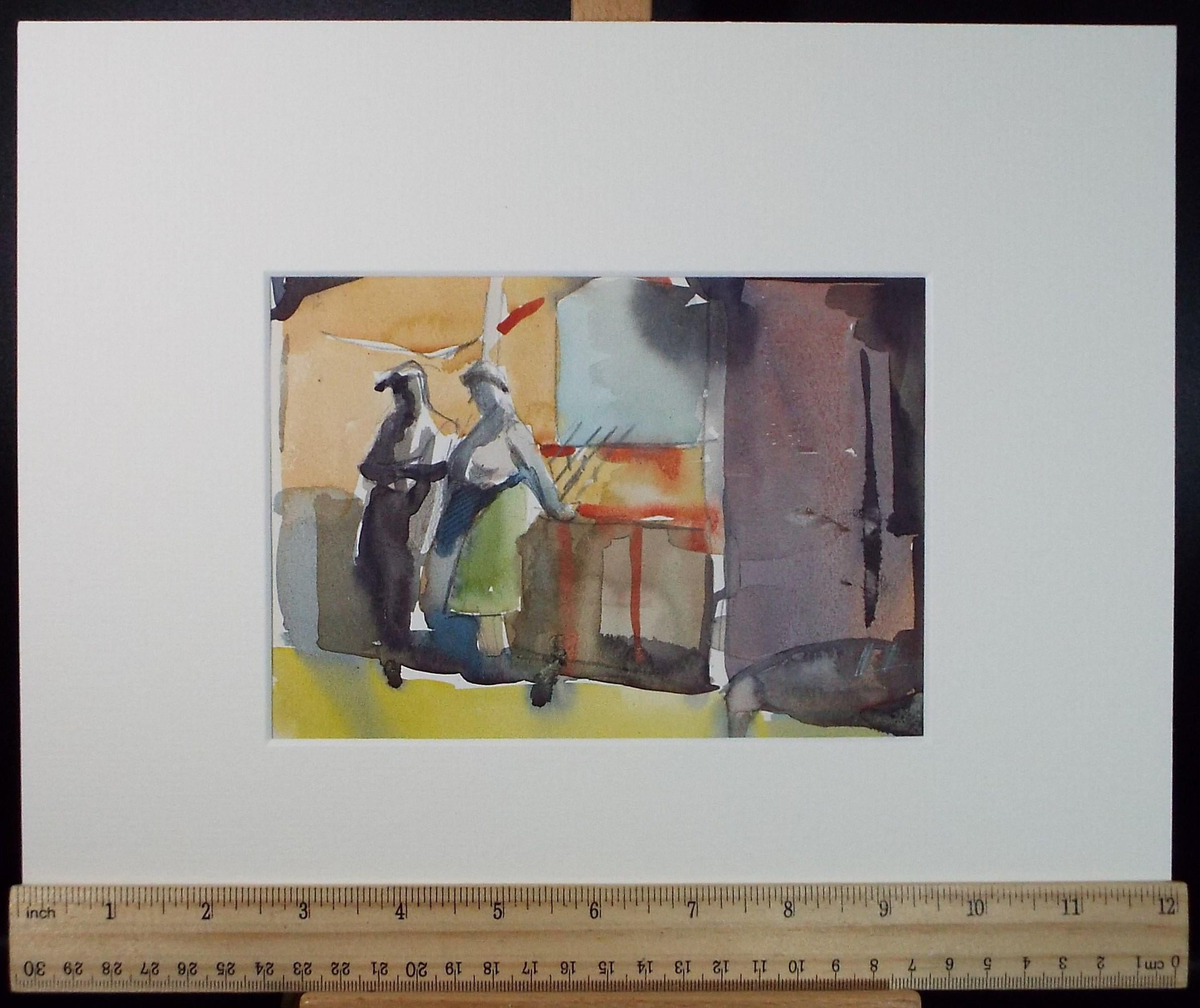 Original watercolour sketch, 'Market with Figures', Artist Unknown, circa 1950's