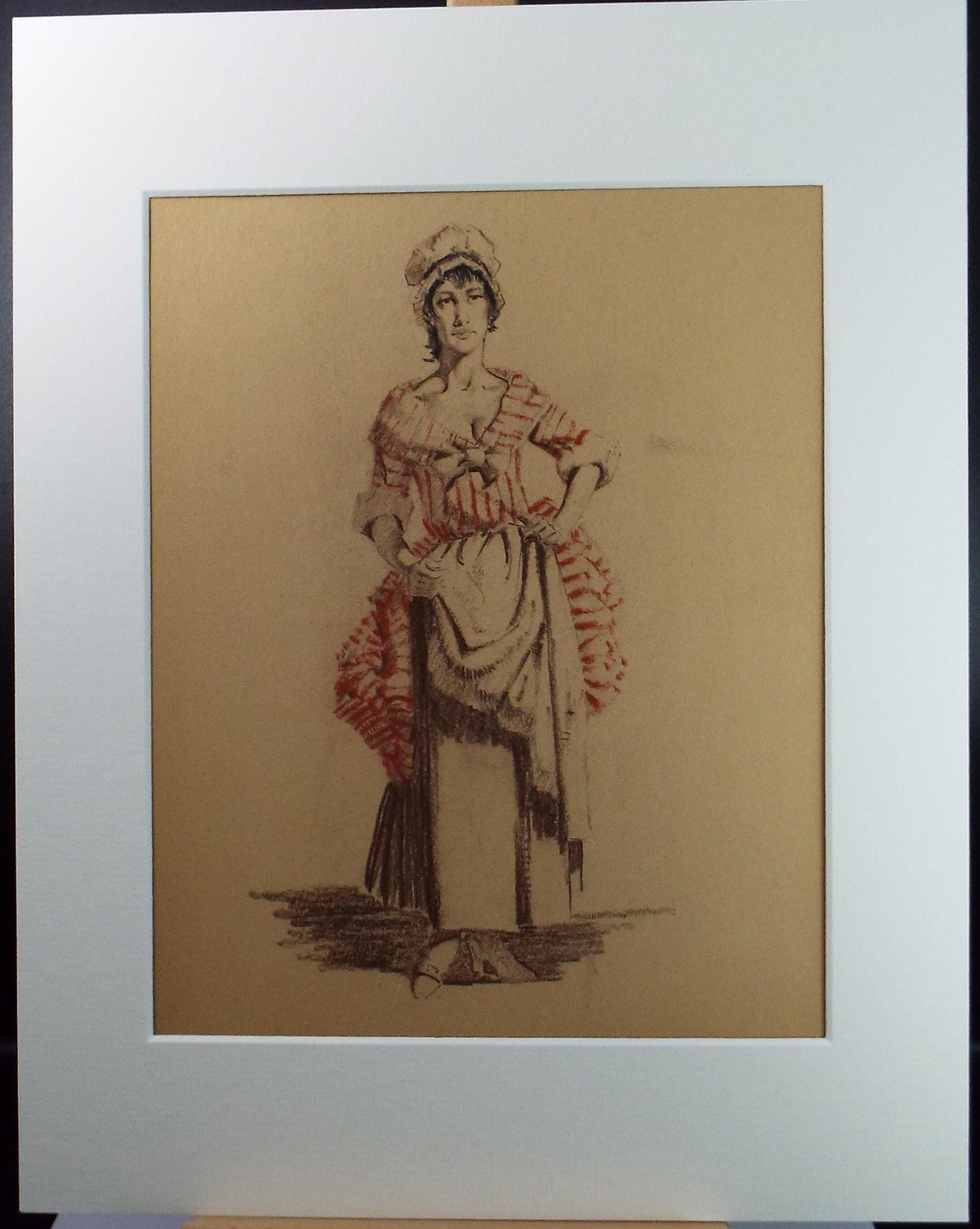 Original Pastel Drawing, 'Victorian Woman Study', Artist Unknown, Circa 1950's