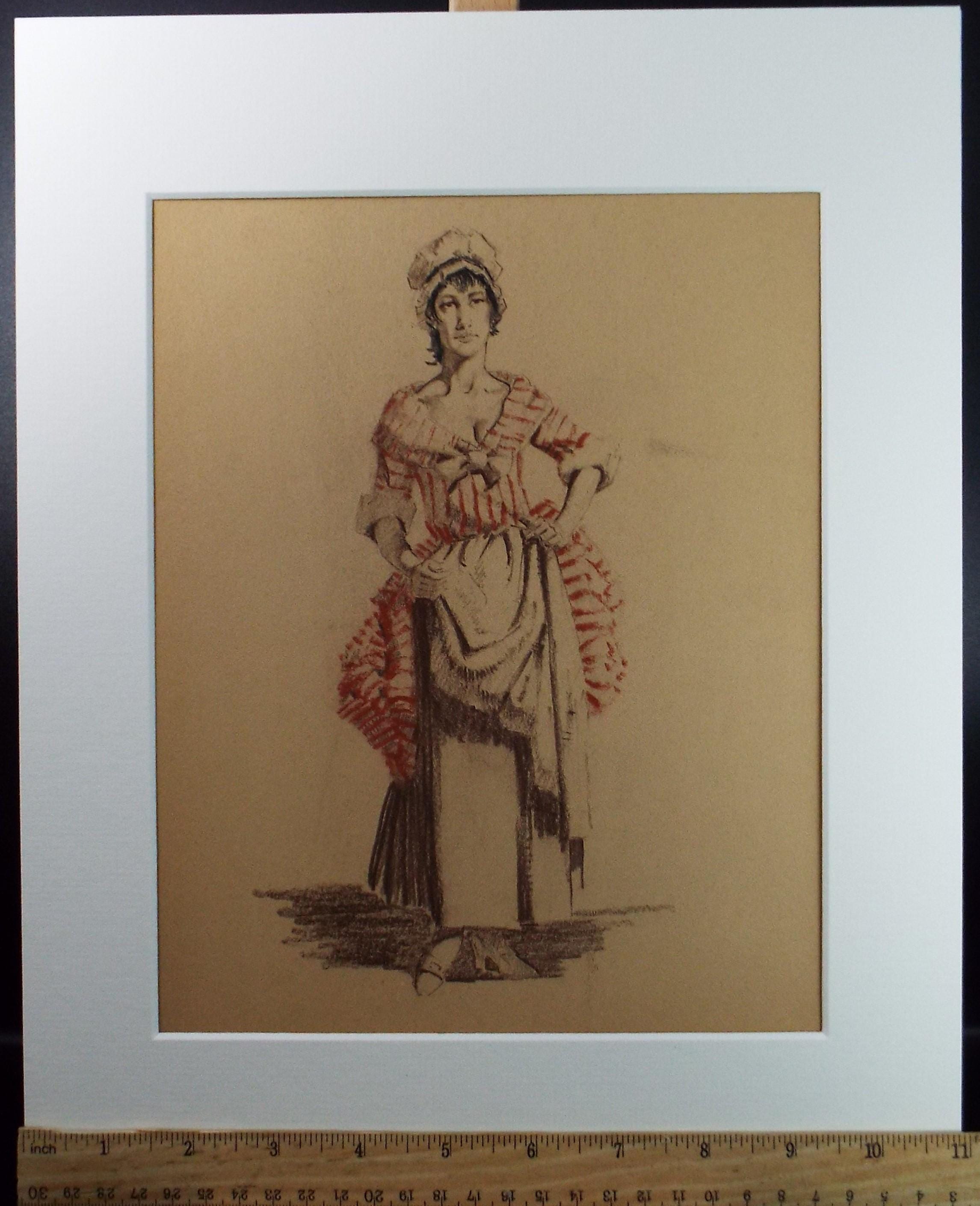 Original Pastel Drawing, 'Victorian Woman Study', Artist Unknown, Circa 1950's