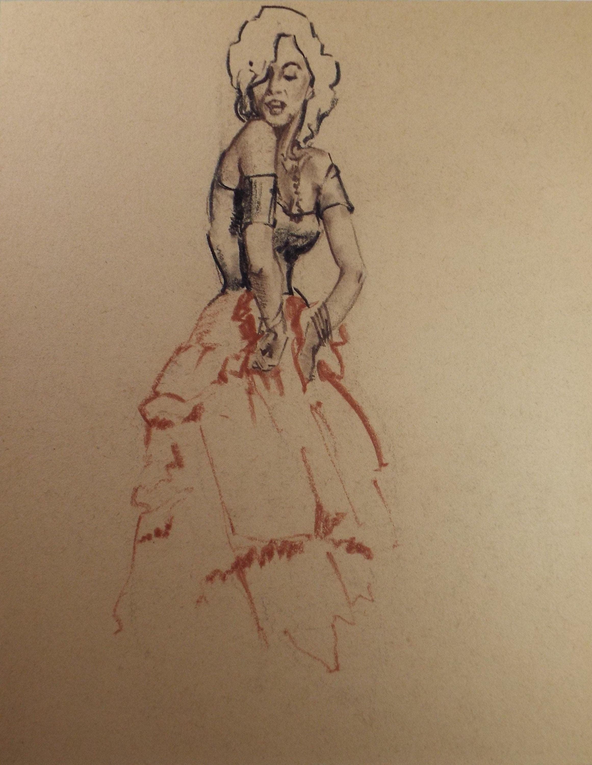 Original Pastel Drawing, 'Flamenco Dancer', Artist Unknown, Circa 1950's
