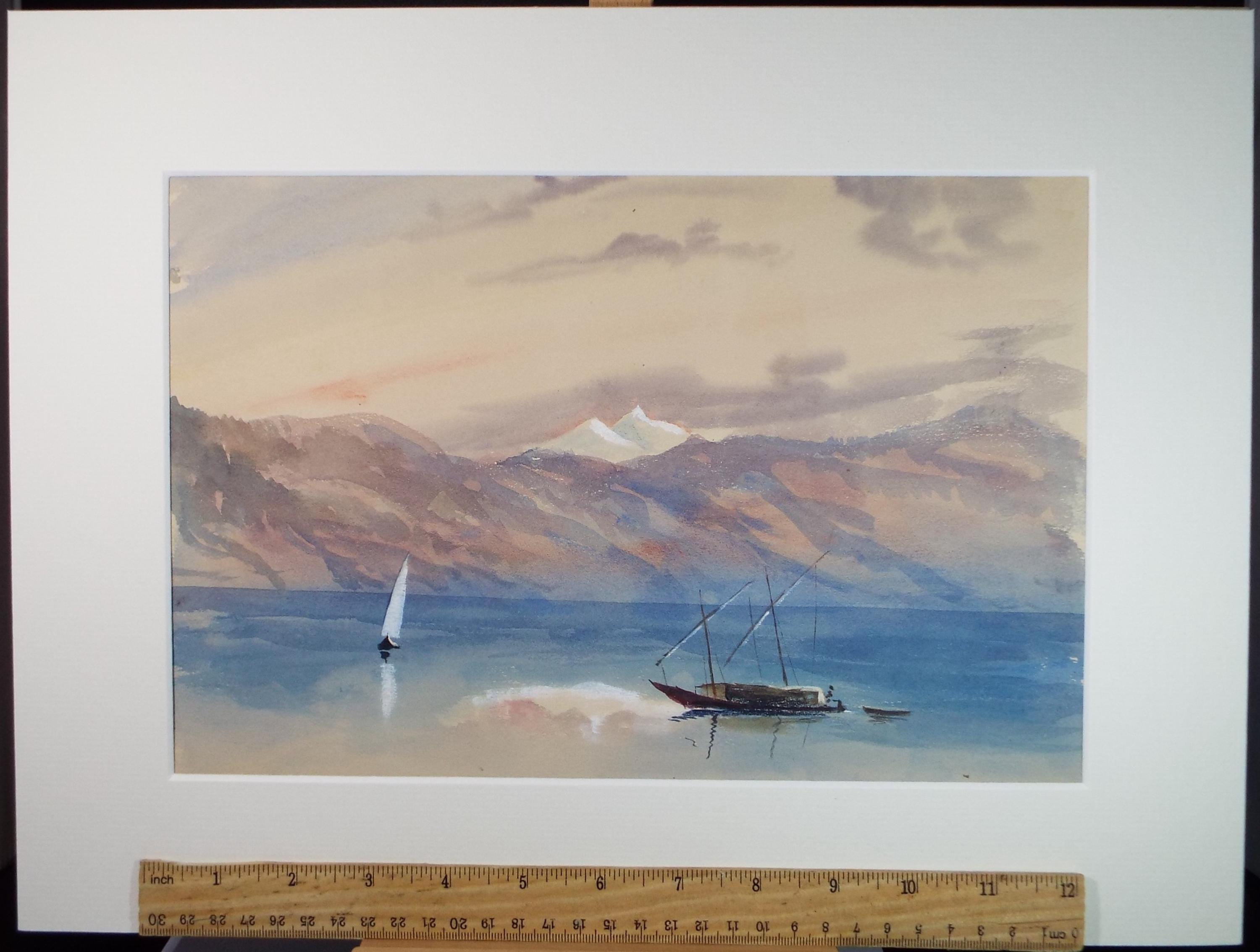 Original Watercolour, 'Landscape with Felucca', Late 19th Century, artist Unknown