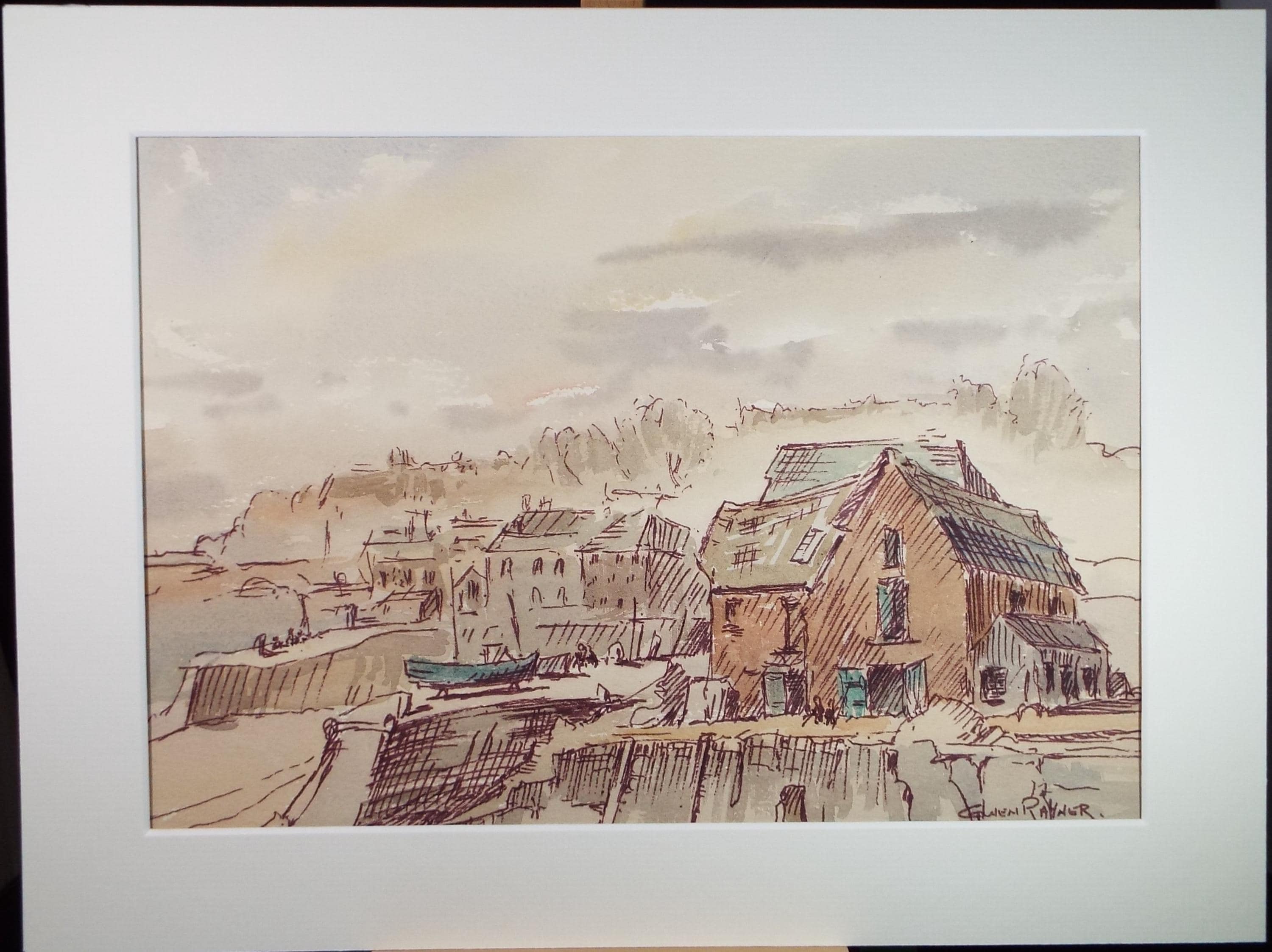 Original Watercolour, 'Fishing Village', Gwen Rayner, c1970's