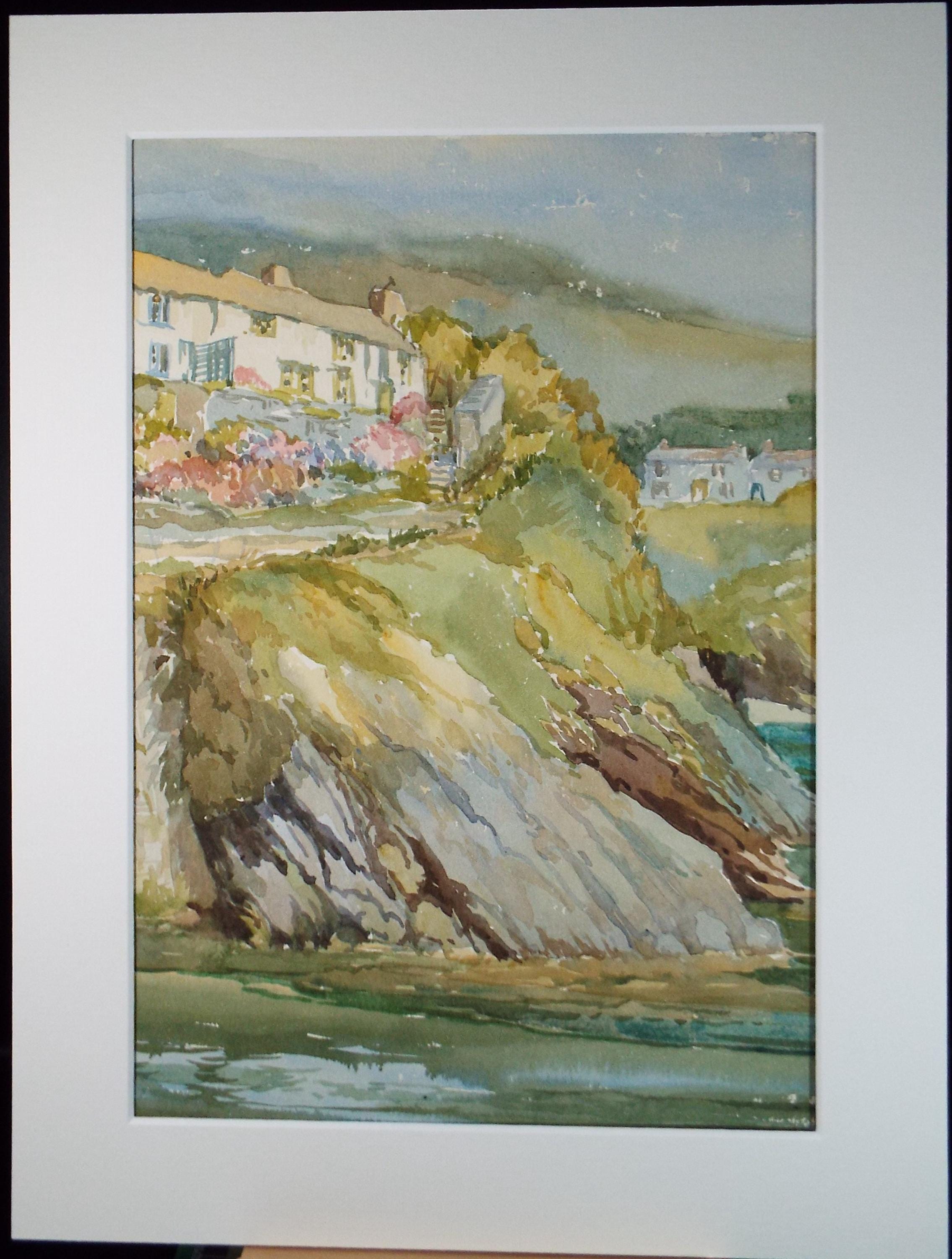 Original Watercolour, 'Clifftop Houses', Gwen Rayner, c1970's