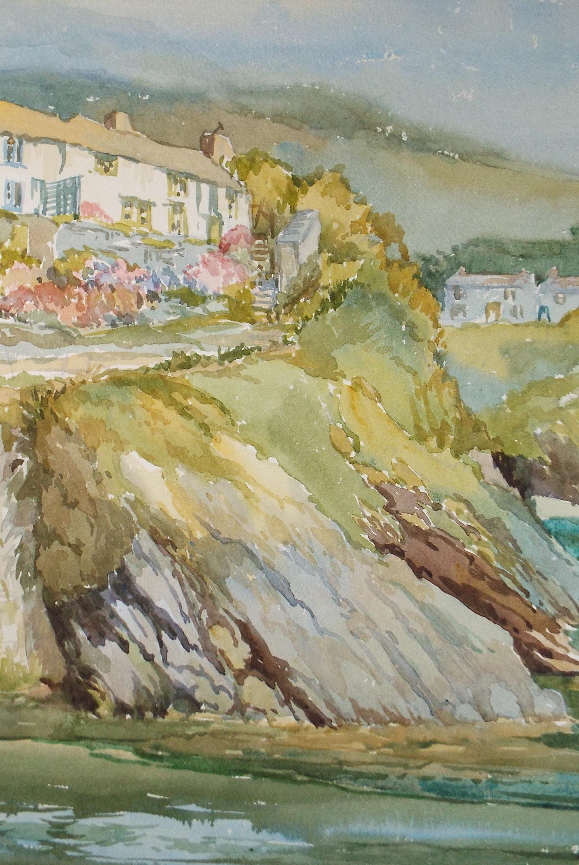 Original Watercolour, 'Clifftop Houses', Gwen Rayner, c1970's