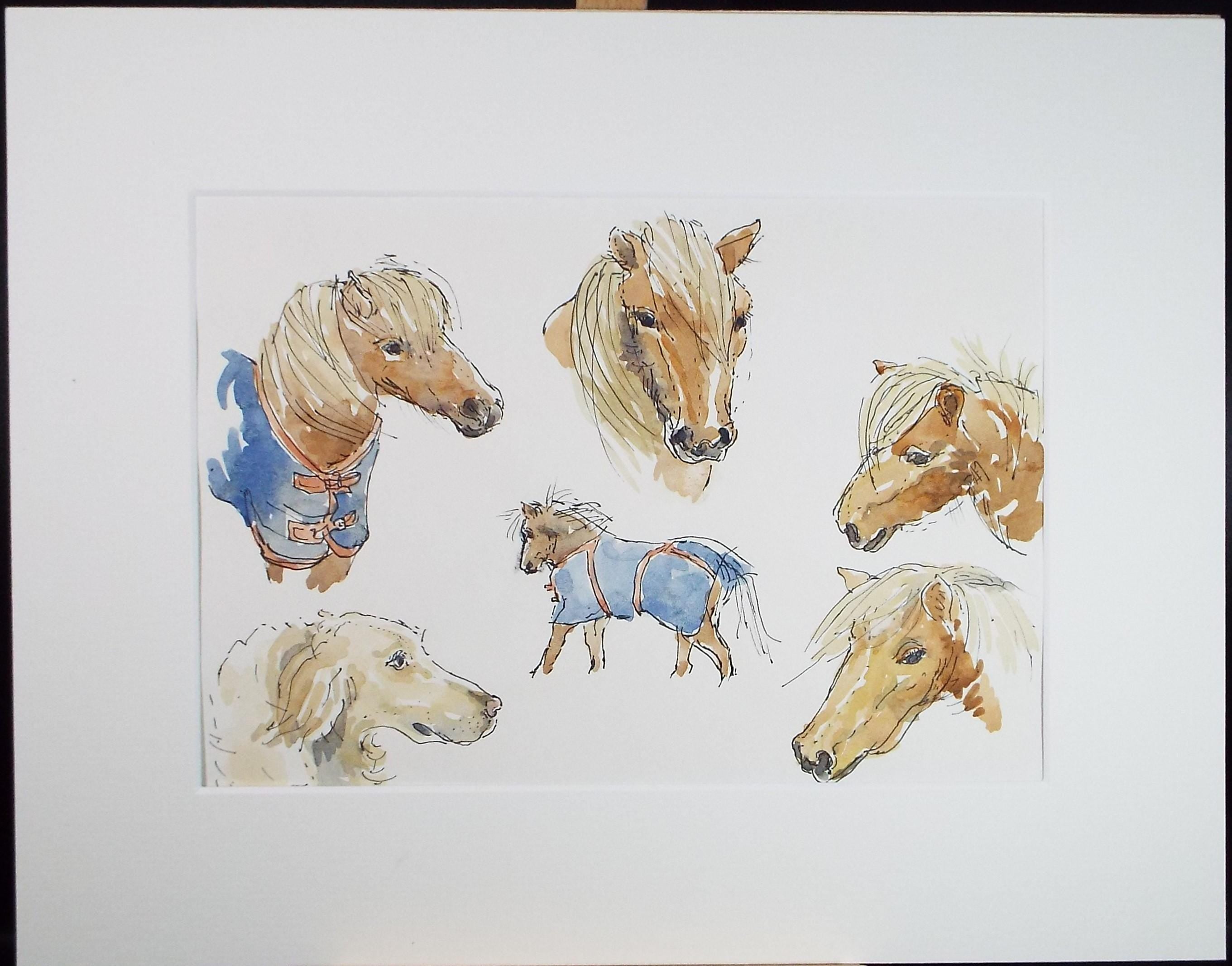 Original Watercolour, 'Study of Ponies and Retriever', artist Unknown, circa 1996