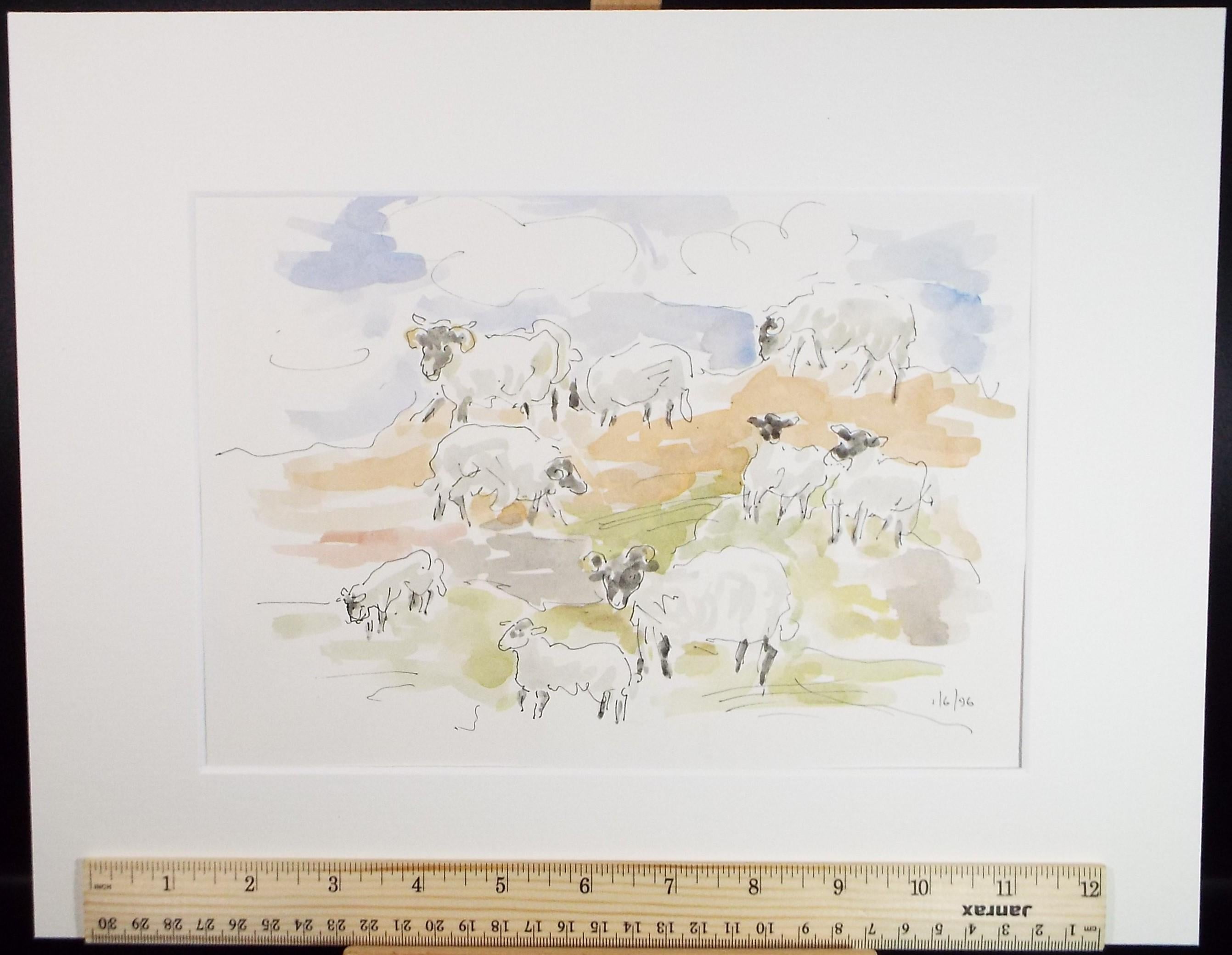 Original Watercolour, 'Flock of Sheep', artist Unknown, circa 1996
