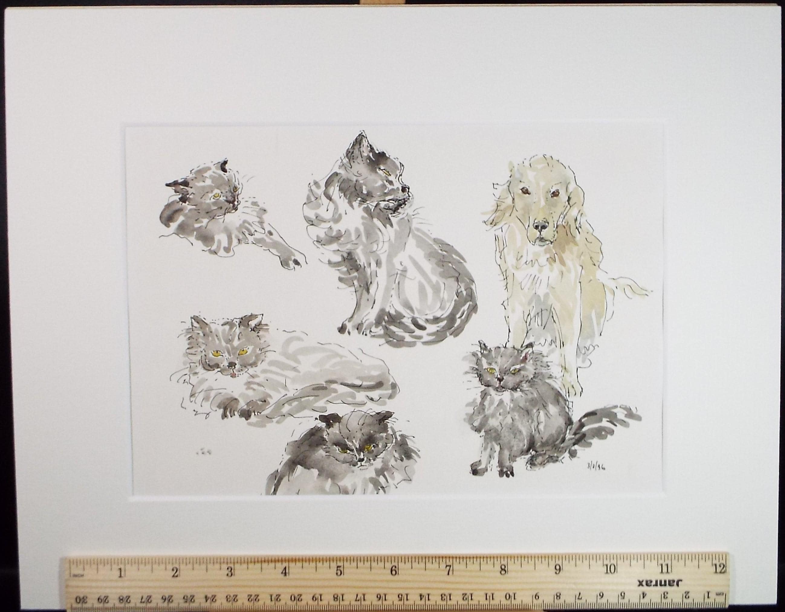 Original watercolour, 'Study of Cat and Retriever', Artist Unknown, Dated 1996.
