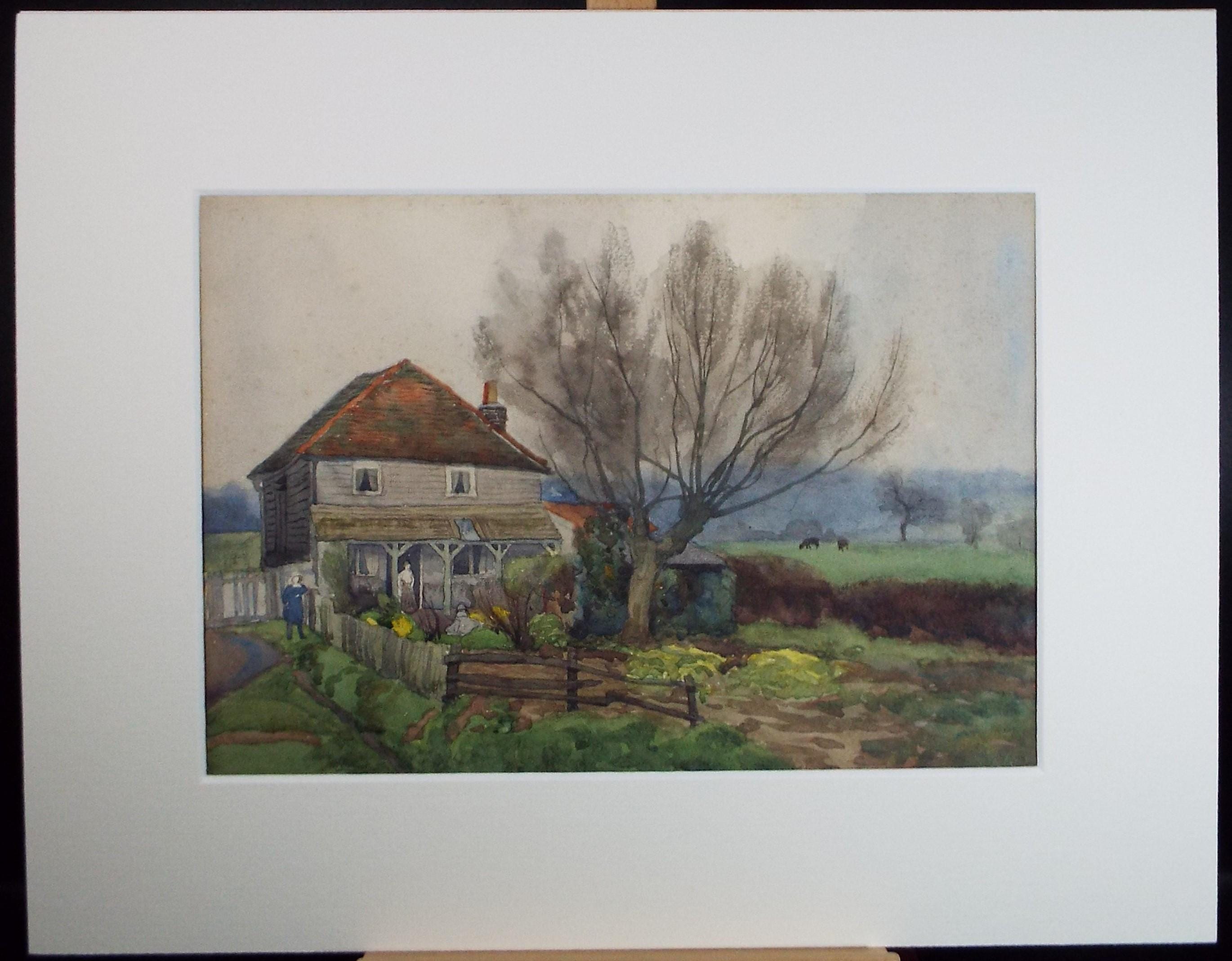 Original Watercolour 'Farmhouse with vegetable Patch', circa 1930's, unknown artist
