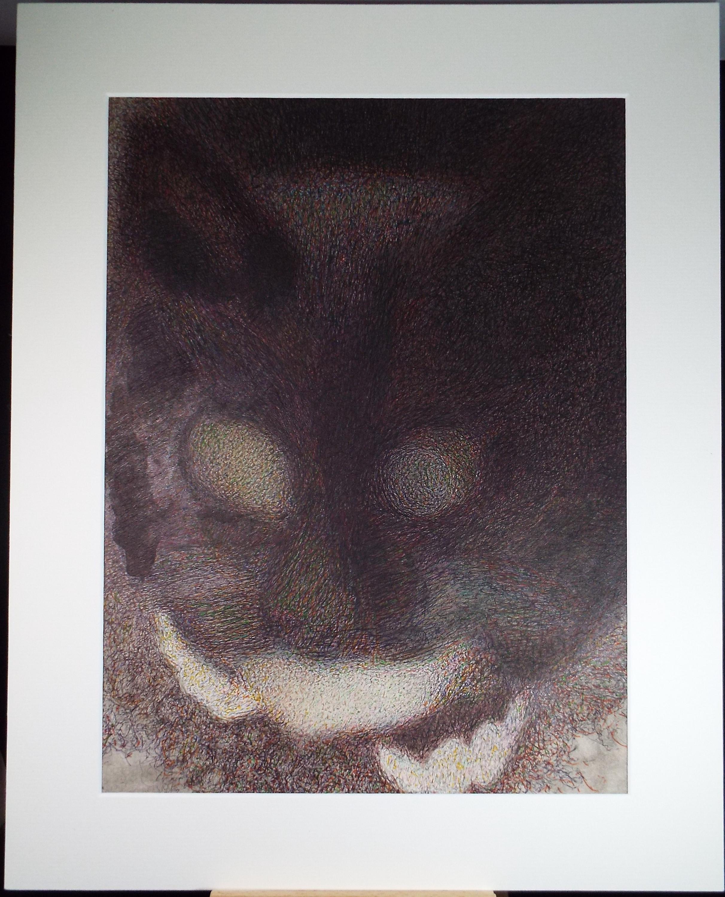 Original Coloured Pencil & Ballpoint pen, 'Black Cat, Unknown Artist, Circa 1980's