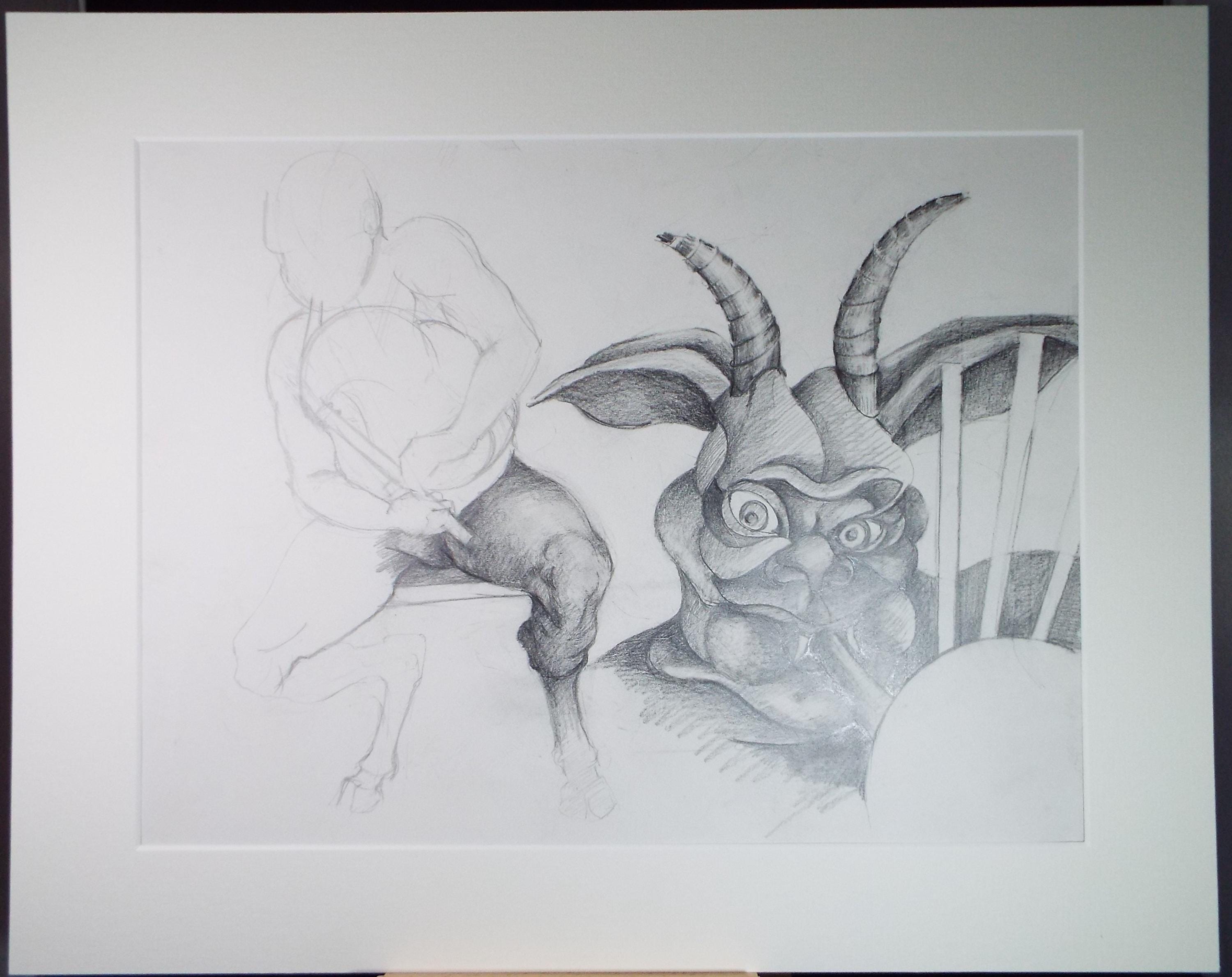 Original Pencil Drawing,'Demon Study', Edmund Caswell (1938-1996), circa 1980's