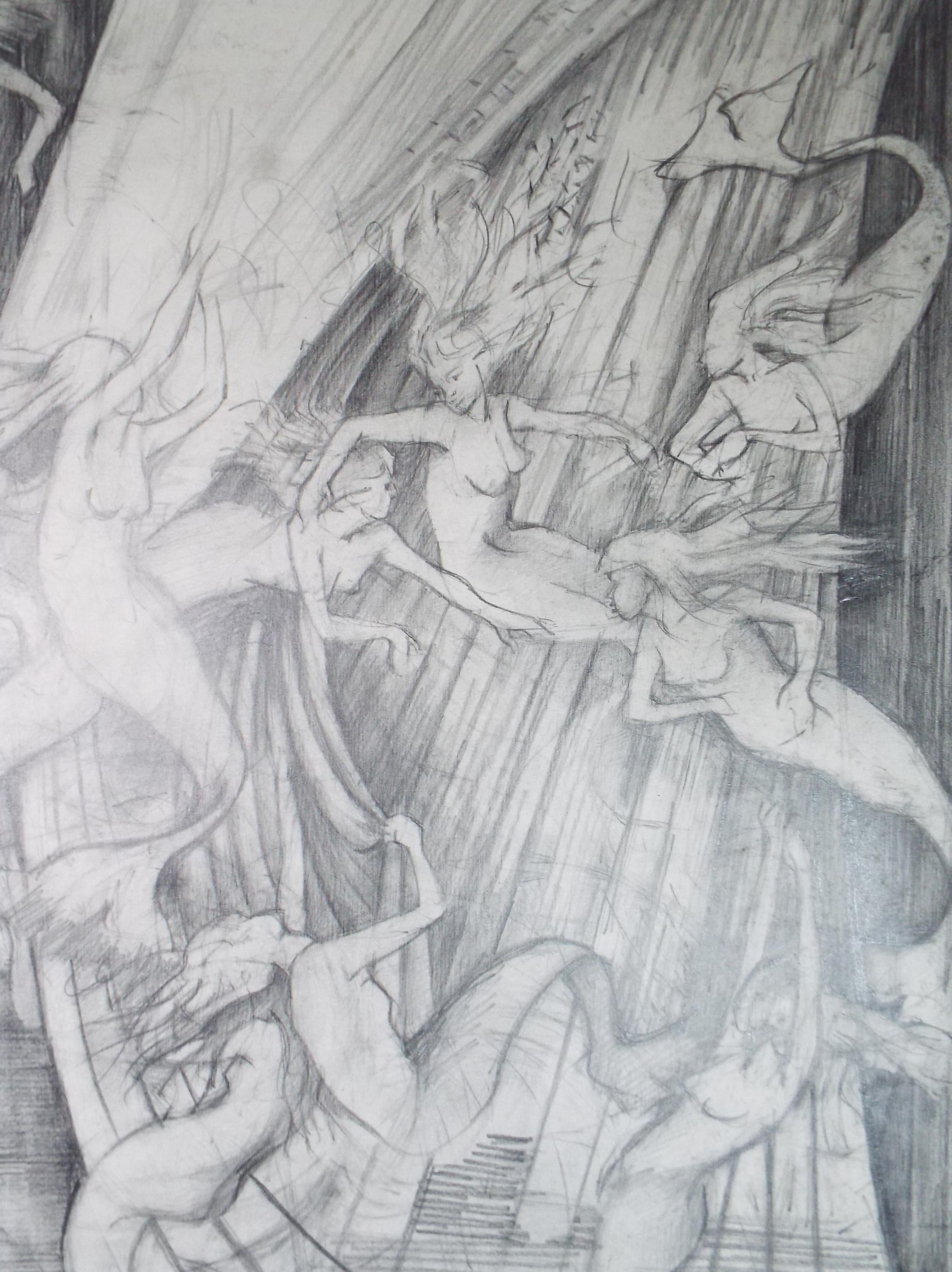 Original Pencil Drawing,'Water Nymphs', Edmund Caswell (1938-1996), circa 1980's